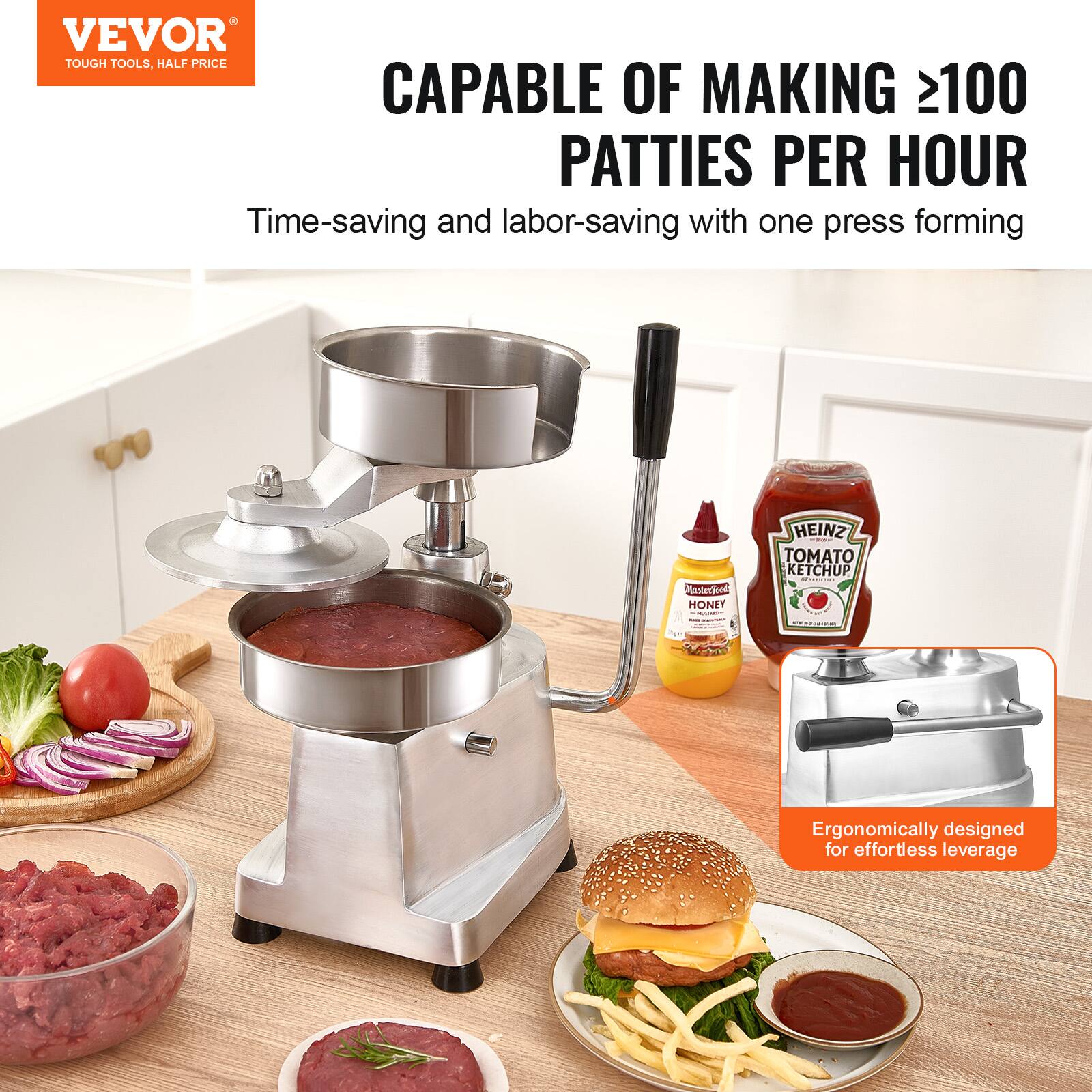 VEVOR  
TOUGH TOOLS, HALF PRICE  

CAPABLE OF MAKING ≥100 PATTIES PER HOUR  
Time-saving and labor-saving with one press forming  

Ergonomically designed for effortless leverage