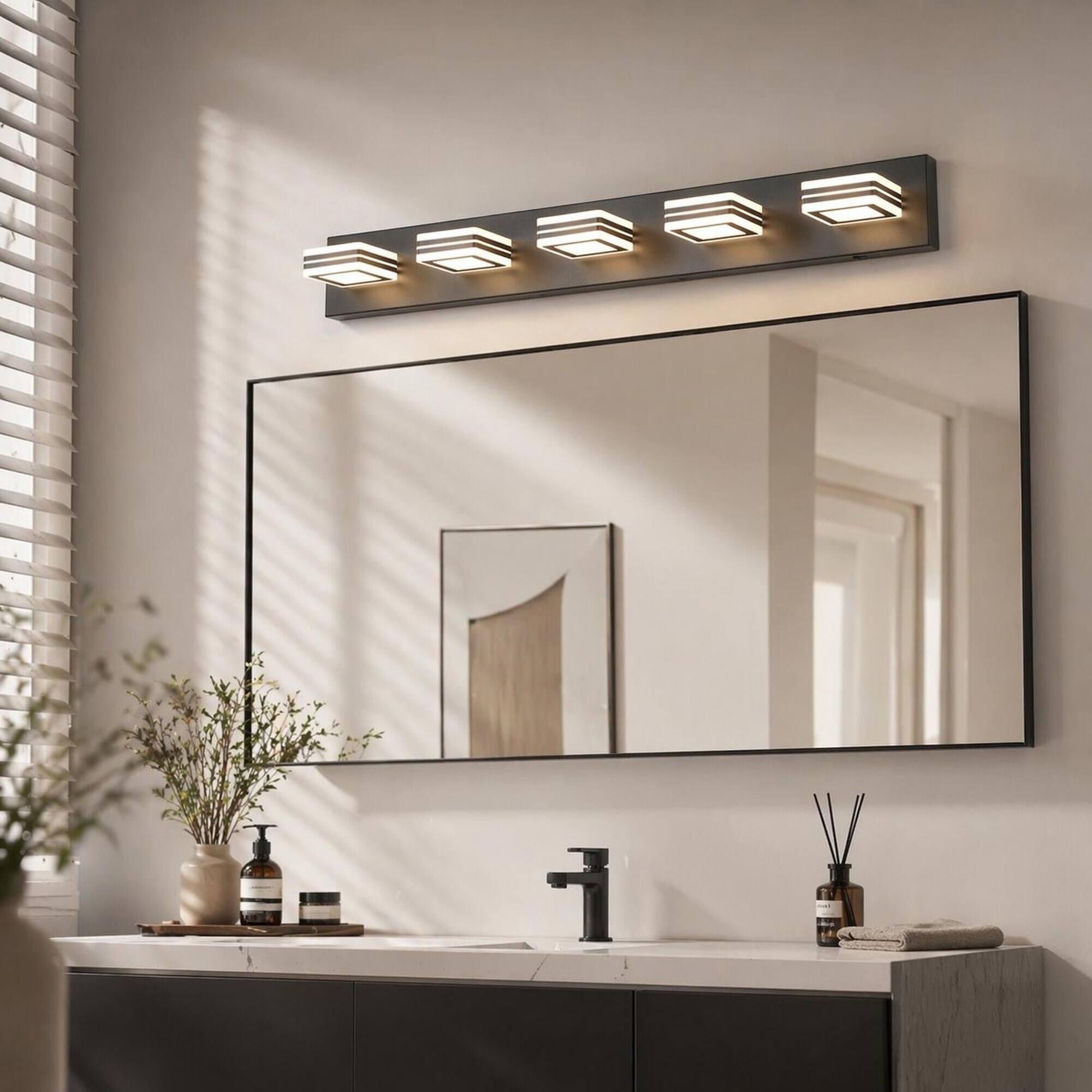Back. RYHNUYNE - 5‑Light LED Vanity Light, 34" Modern Bathroom Wall Light Fixture, Over Mirror Bath Vanity Lighting - Black.