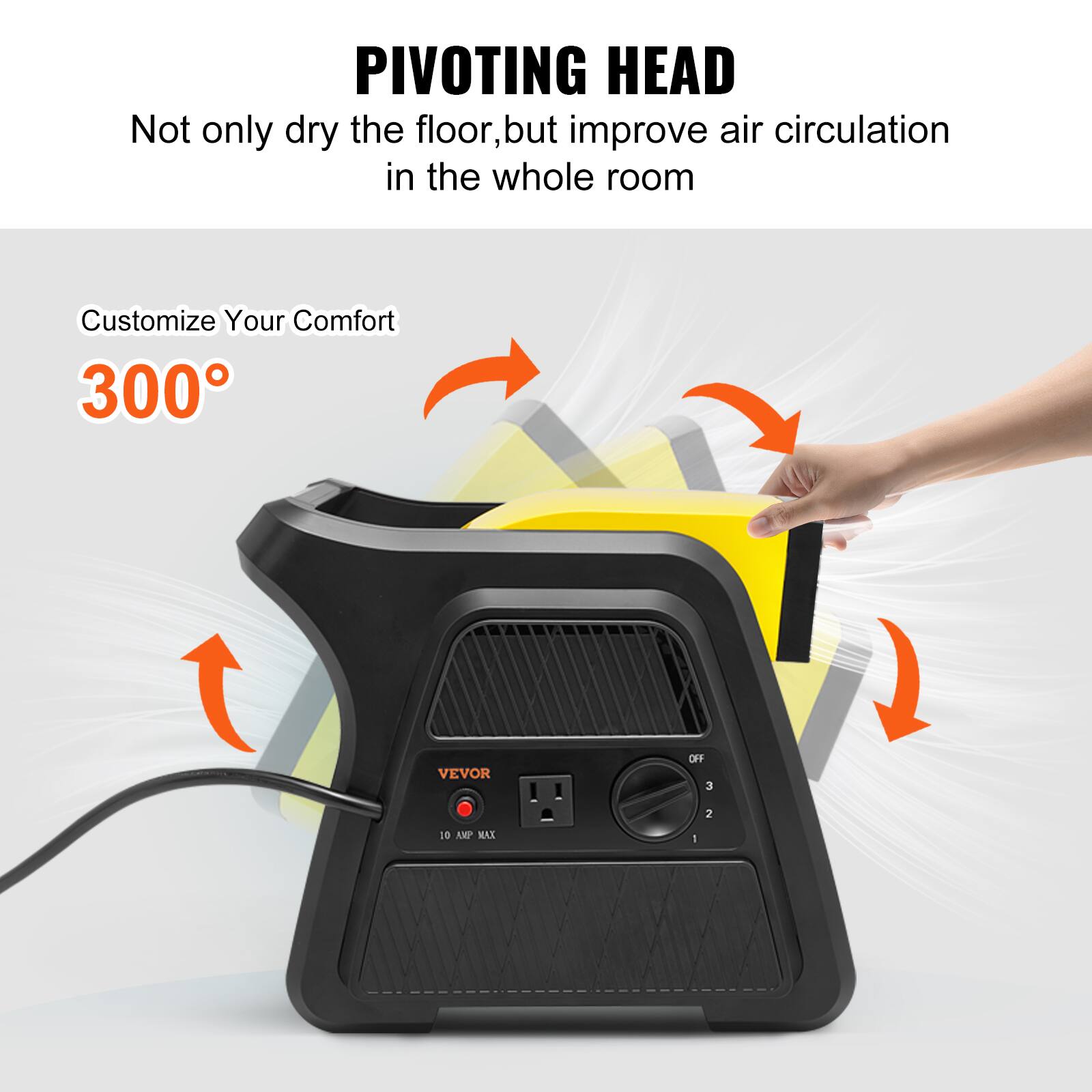 PIVOTING HEAD
Not only dry the floor, but improve air circulation in the whole room
Customize Your Comfort
300°
VEVOR
OFF 3 2 10 AMP MAX