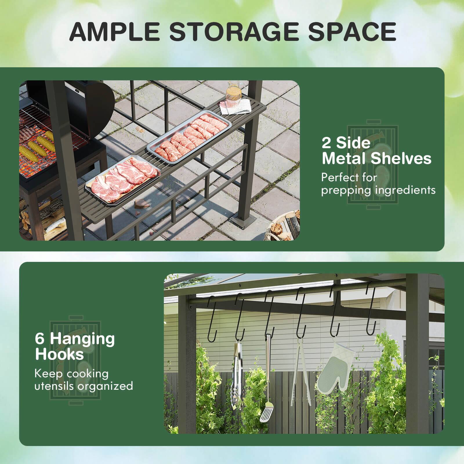 **AMPLE STORAGE SPACE**

- **2 Side Metal Shelves**  
  Perfect for prepping ingredients

- **6 Hanging Hooks**  
  Keep cooking utensils organized