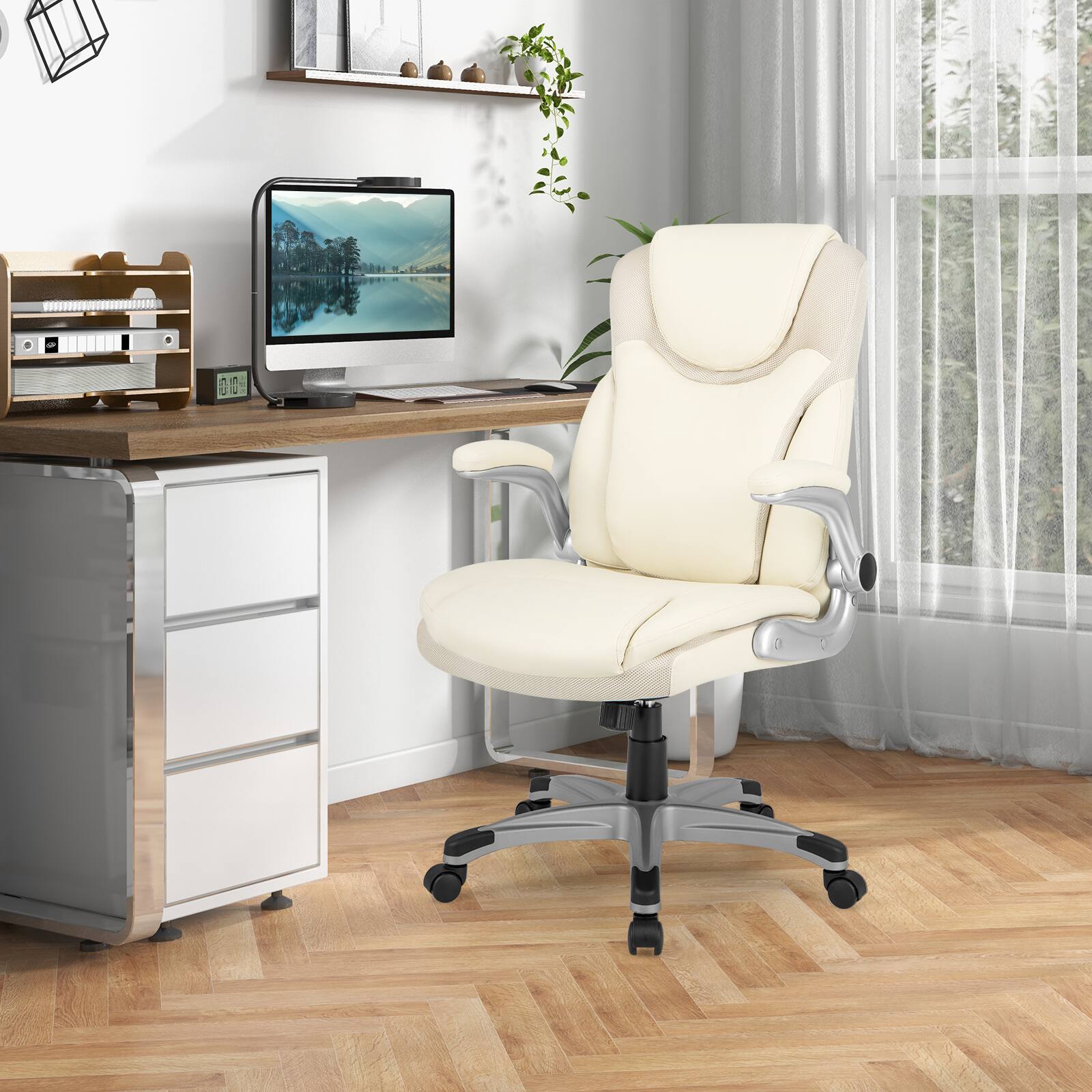 Angle. SlickBlue - Ergonomic Office Chair with PU Leather, Flip-Up Armrests, and Rocking Motion - White.