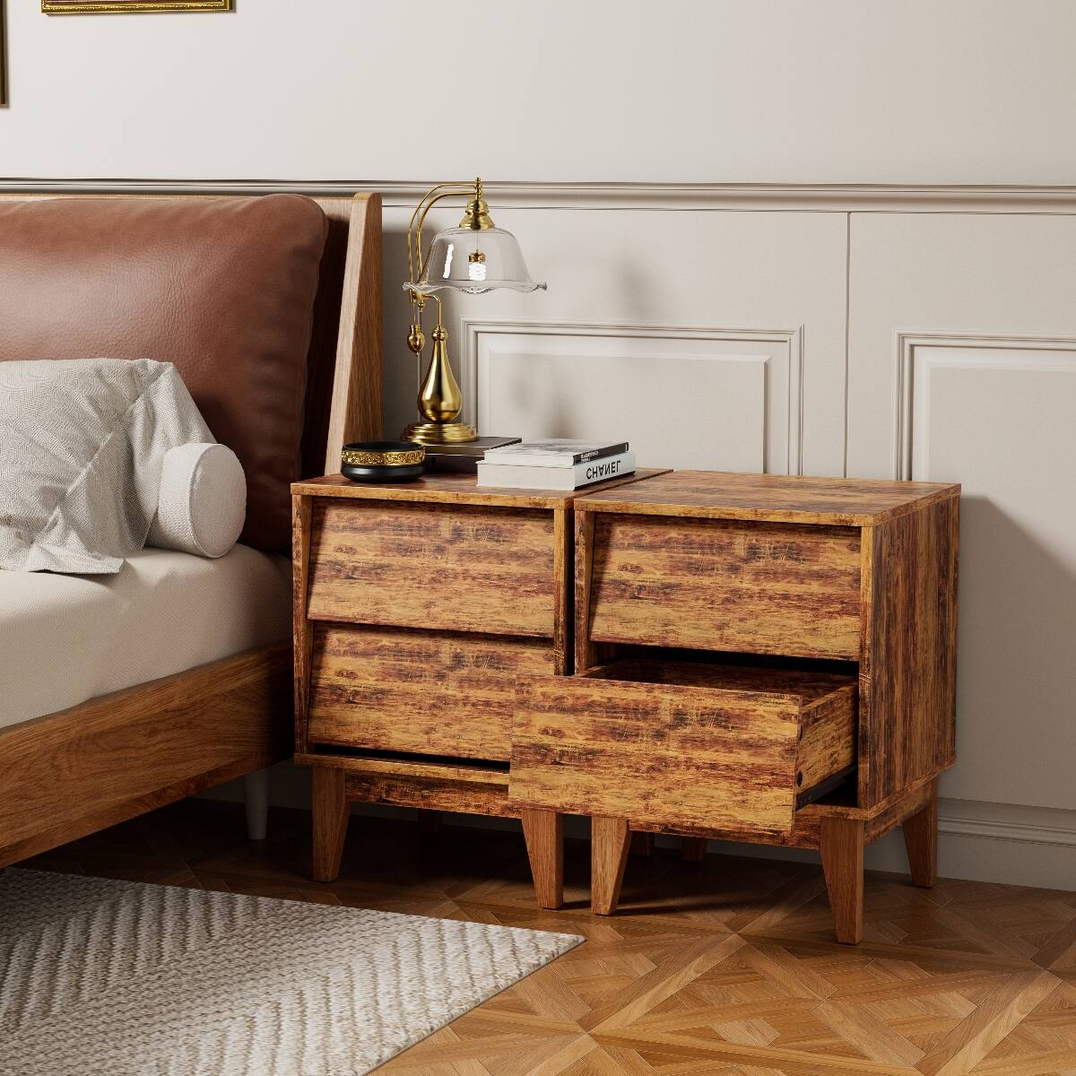 Loheer - 2 Piece Nightstand Set, Mid Century Modern MDF Bedroom Tables - Brown