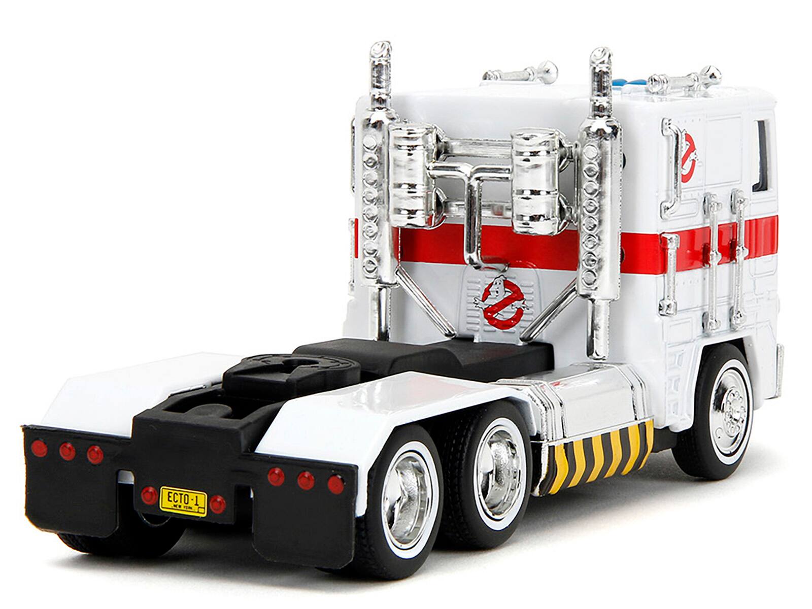 Left. Jada - G1 Autobot Optimus Prime White Truck with Robot on Chassis Transformers x Ghostbusters 1984 Hollywood Rides Series - White.