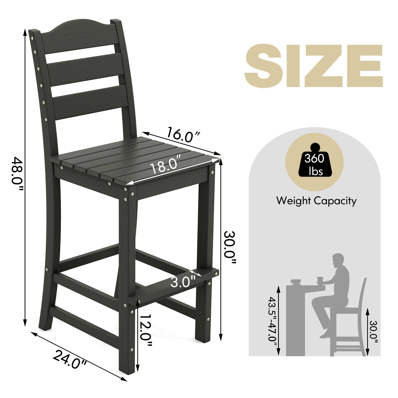 The corrected and grouped text from the image is:

- **Size:**
  - Height: 48.0"
  - Seat Height: 30.0"
  - Seat Depth: 18.0"
  - Seat Width: 16.0"
  - Back Height: 43.5"-47.0"
  - Overall Width: 24.0"
  - Overall Depth: 12.0"
  - Overall Height: 30.0"
  - Leg Width: 3.0"

- **Weight Capacity:** 360 lbs