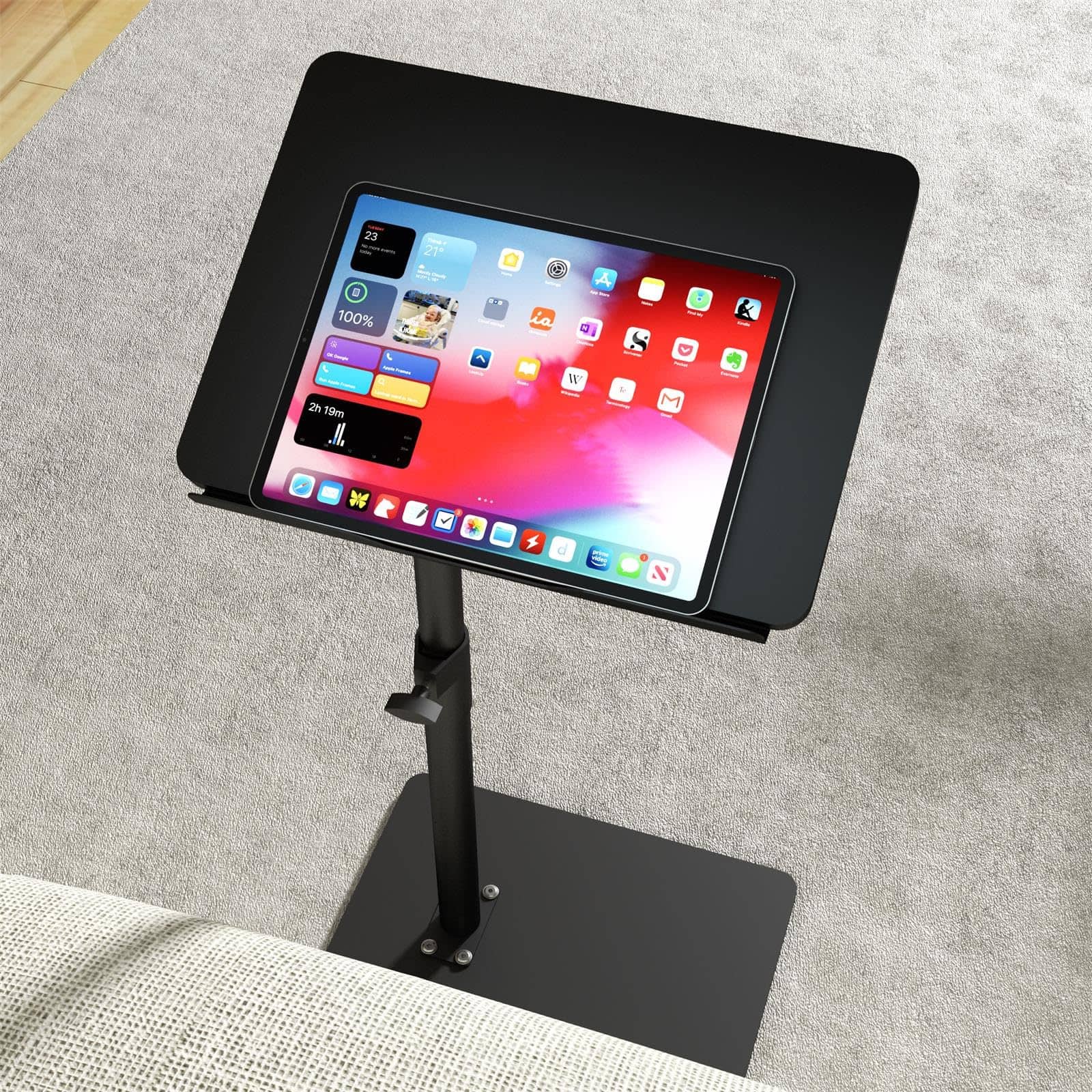 Fabibe - Sofa Armrest Tray Table For Couch - 360° Swivel Height Adjustable End Small Spaces Snack Side Bed Or Chair - Black Angle Tilt 1