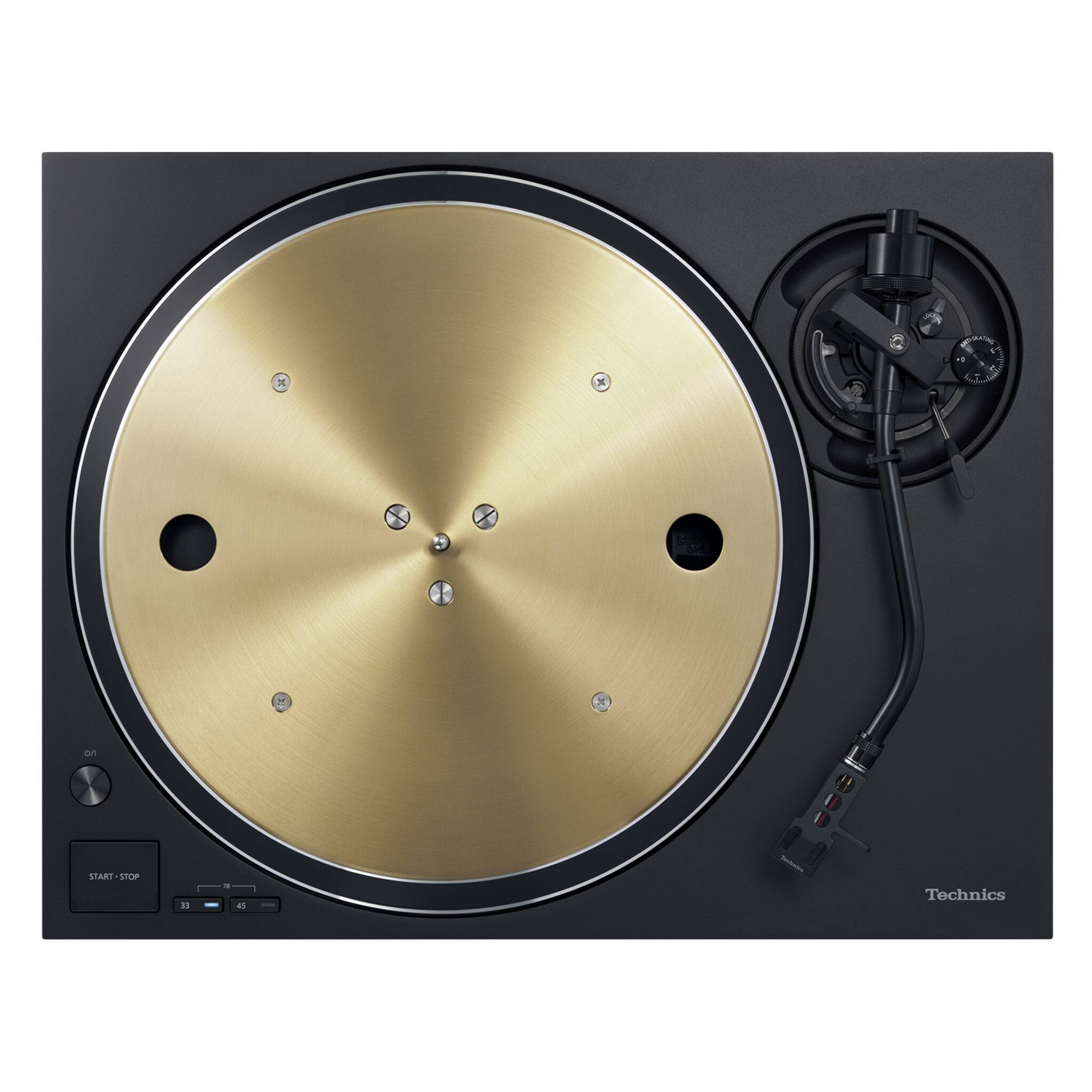 The image features a Technics record player with a gold platter. The record player is placed on a black table, and it has a black cord coming out of it. The record player is a part of a Technics sound system, which is known for its high-quality sound reproduction.