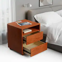 Loheer - Solid Wood Nightstand with Charging Station, Two Drawers - Walnut