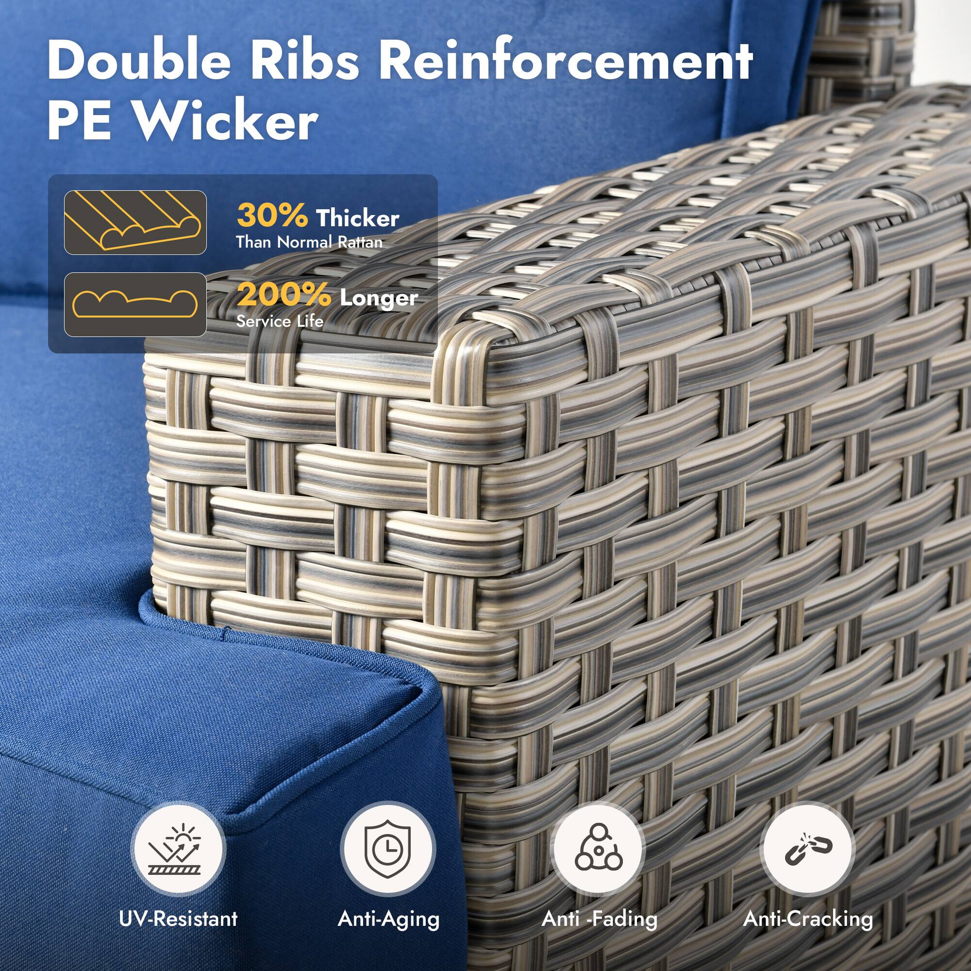 Double Ribs Reinforcement PE Wicker

- 30% Thicker Than Normal Rattan
- 200% Longer Service Life

Features:
- UV-Resistant
- Anti-Aging
- Anti-Fading
- Anti-Cracking