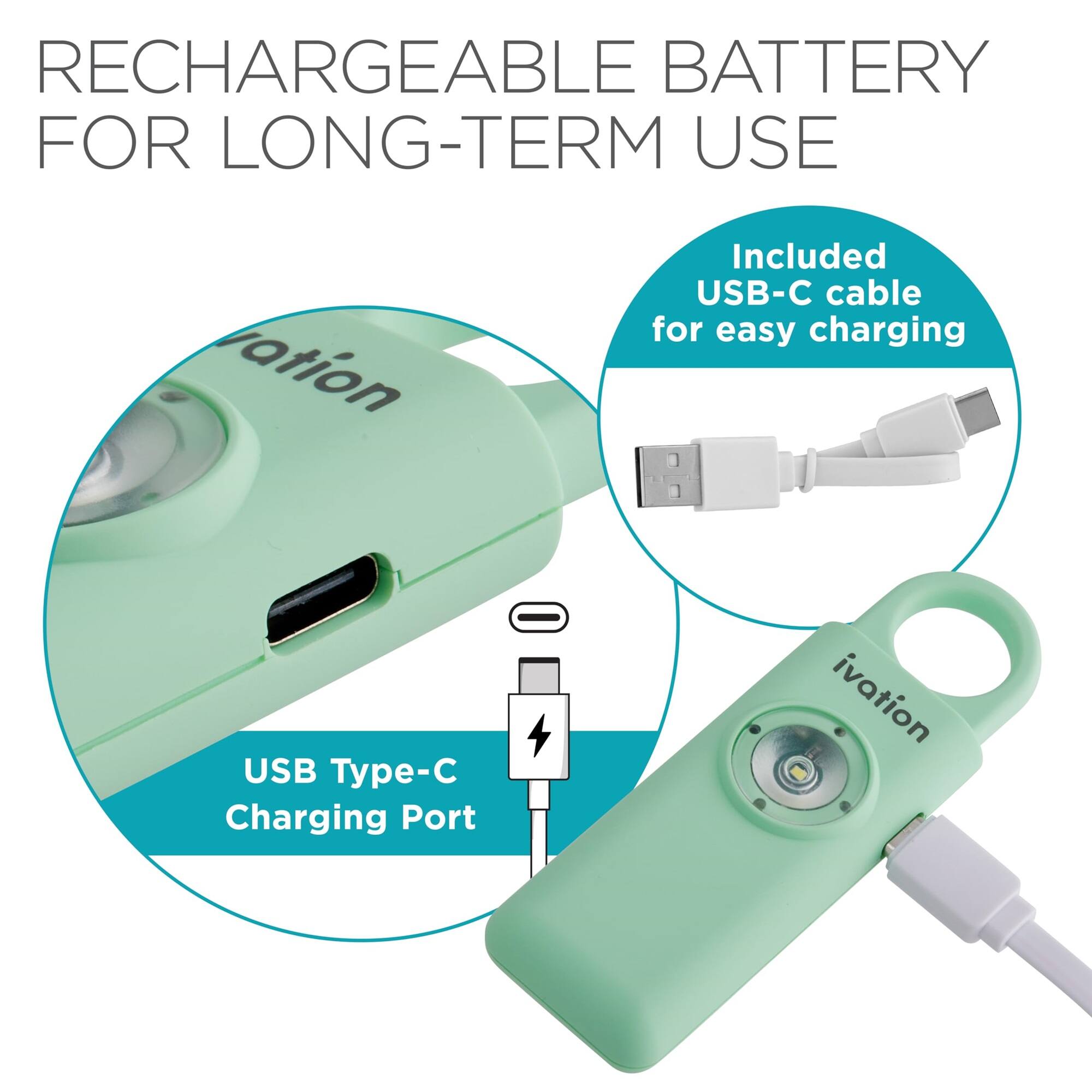 RECHARGEABLE BATTERY FOR LONG-TERM USE, Included USB-C cable for easy charging, USB Type-C Charging Port, ivation
