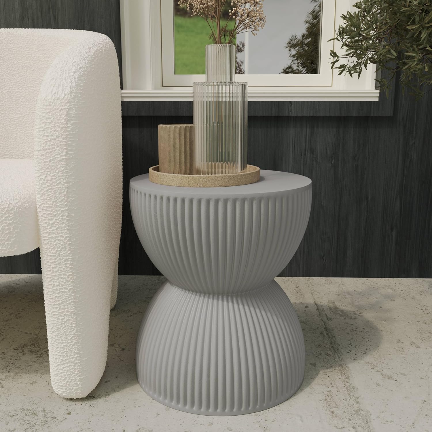 Left. LeisureMod - Spire Modern Ribbed Hourglass Accent Table, Fiberstone Indoor/Outdoor End Table & Plant Stand, Fully Assembled - Grey.