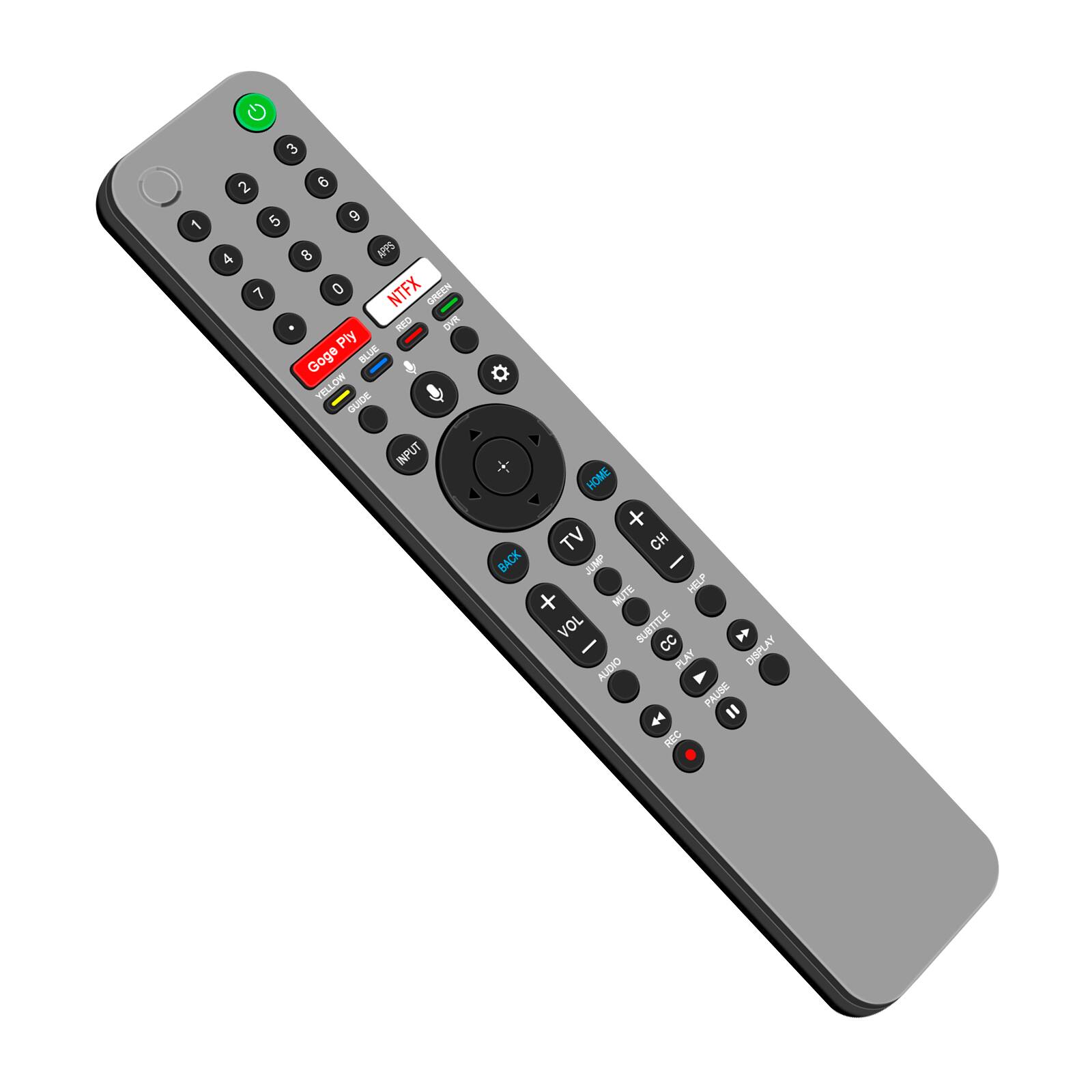 1 3 2 6 5 9 4 8 APPS 7 0 NTFX GREEN RED DVR Ply BLUE Goge YELLOW GUIDE INPUT HOME + TV CH BACK JUMP I MUTE HELP + VOL I SUBTITLE CC  DISPLAY AUDIO PLAY PAUSE " 4 REC