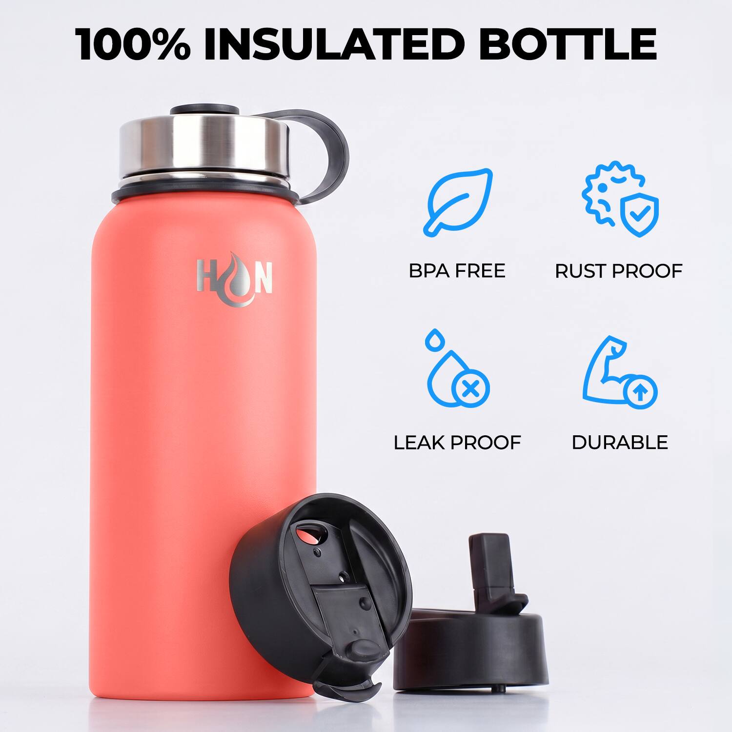 100% INSULATED BOTTLE

- BPA FREE
- RUST PROOF
- LEAK PROOF
- DURABLE