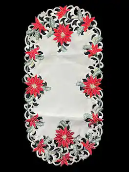 Jiallo - Christmas Poinsettia Embroidered Cutwork Rectangular Table Runner, 13 by 27 inch Table Linen - Beige