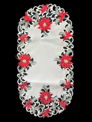 Front. Jiallo - Christmas Poinsettia Embroidered Cutwork Rectangular Table Runner, 15 by 70 inch Table Linen - Beige.