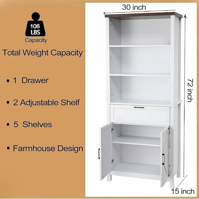 - Total Weight Capacity: 106 LBS
- 1 Drawer
- 2 Adjustable Shelf
- 5 Shelves
- Farmhouse Design

Dimensions:
- Width: 30 inch
- Height: 72 inch
- Depth: 15 inch
