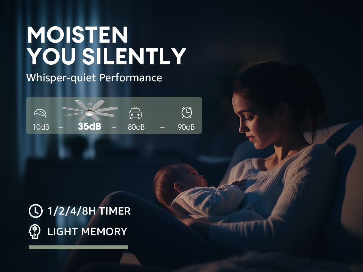 MOISTEN YOU SILENTLY

Whisper-quiet Performance

10dB - 35dB - 80dB - 90dB

1/2/4/8H TIMER

LIGHT MEMORY