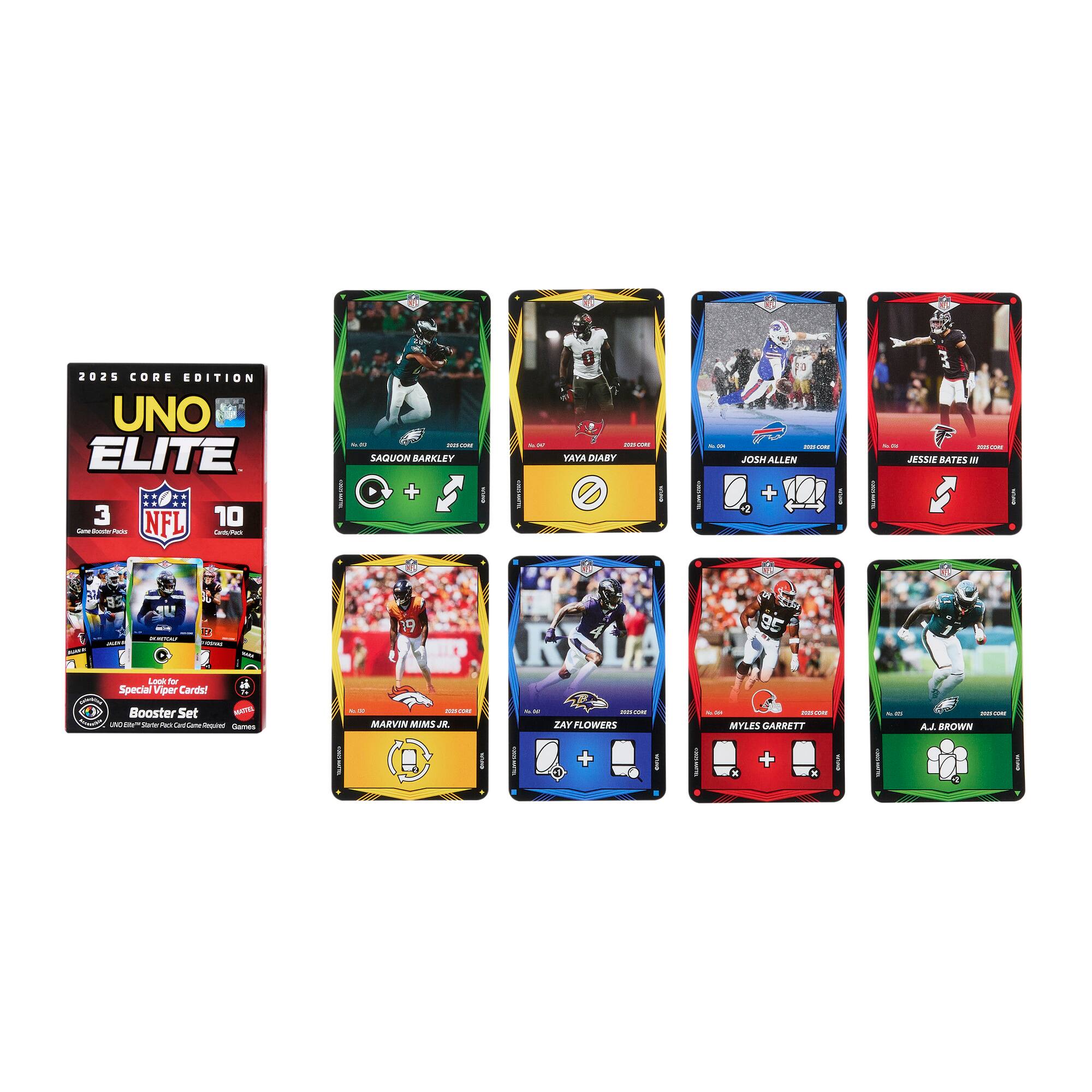 The image shows a collection of football cards from the 2025 NFL Core Edition UNO Elite set. There are nine cards in total, each featuring a different NFL player. The cards are arranged in a row, with some cards placed closer to the front and others further back. The cards display the names and images of the featured players, making it easy for collectors to identify and appreciate the unique characteristics of each card.
