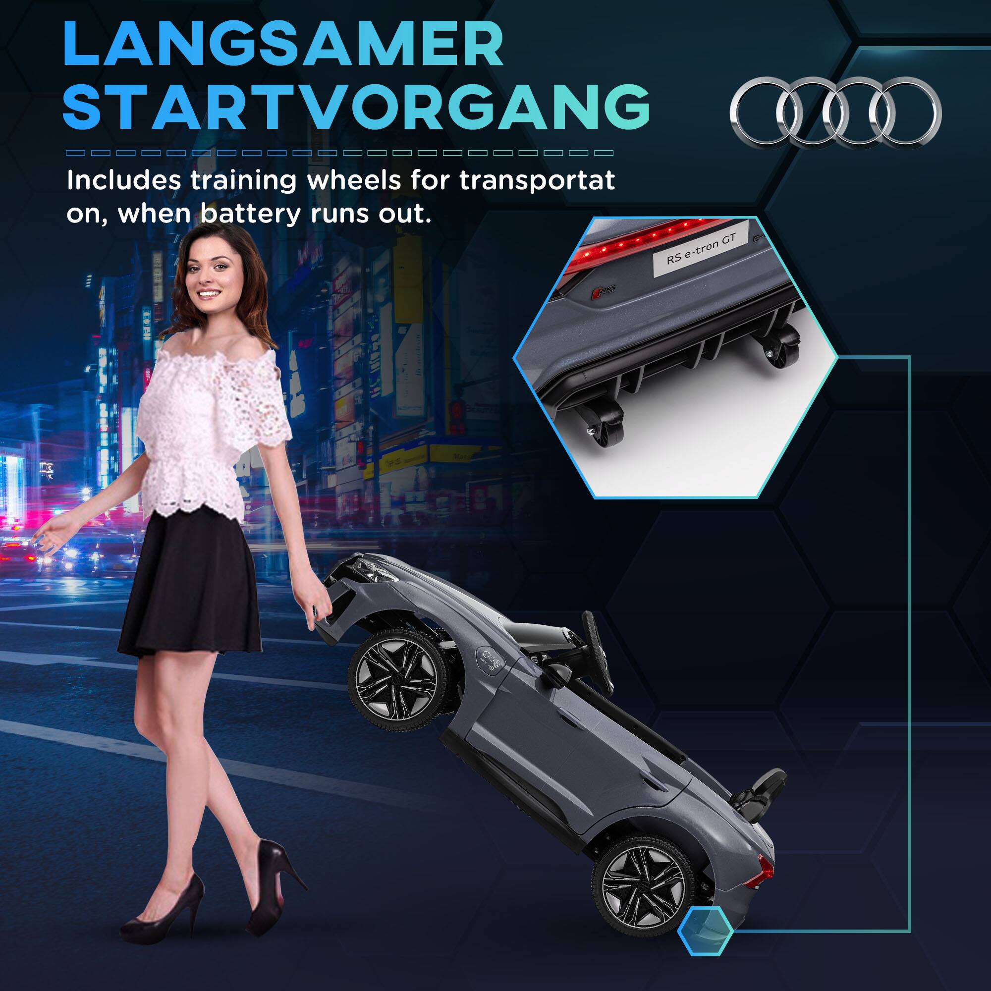 LANGSAMER STARTVORGANG  
Includes training wheels for transportat on, when battery runs out.  
RS e-tron GT