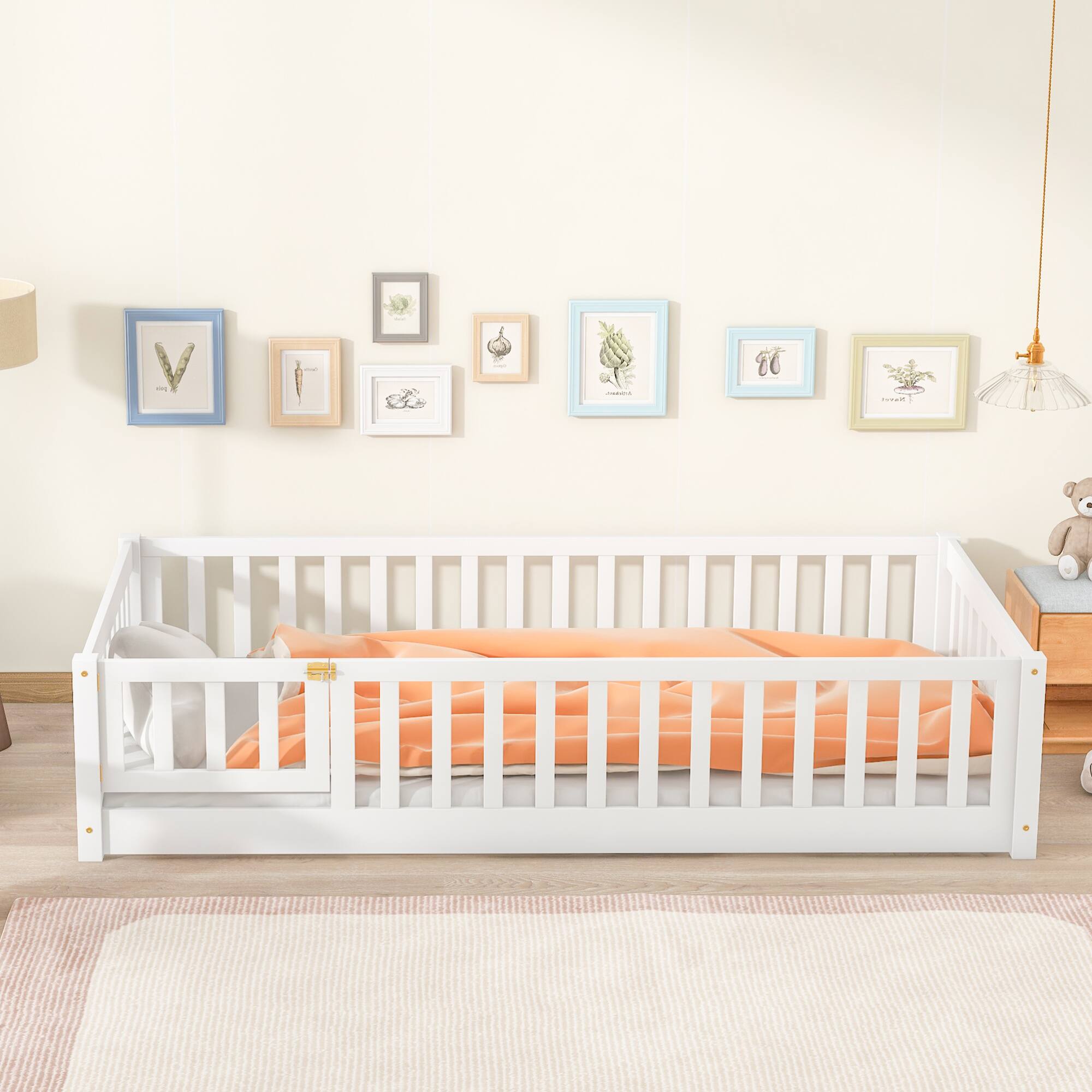 Angle. GOODSILO - Twin Size Low-Profile Children's Floor Bed with Safety Guardrails and Entry Door, Natural Wood Finish - White.