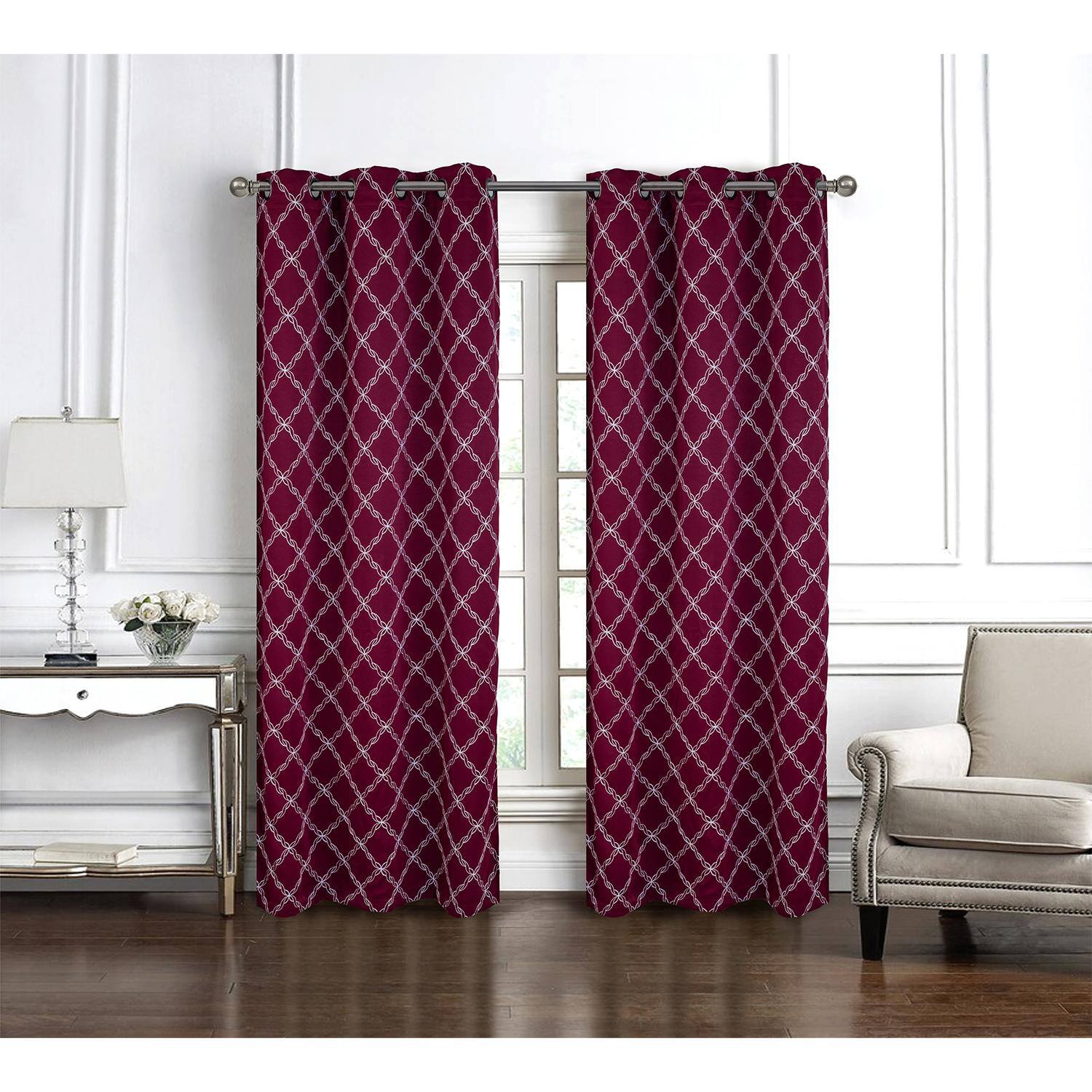 Angle. RT Designers Collection - RT Designer Collection Gable Embroidered Blackout Luxurious Decorative Grommet Curtain Panel 54" x 95" Burgundy - Burgundy.