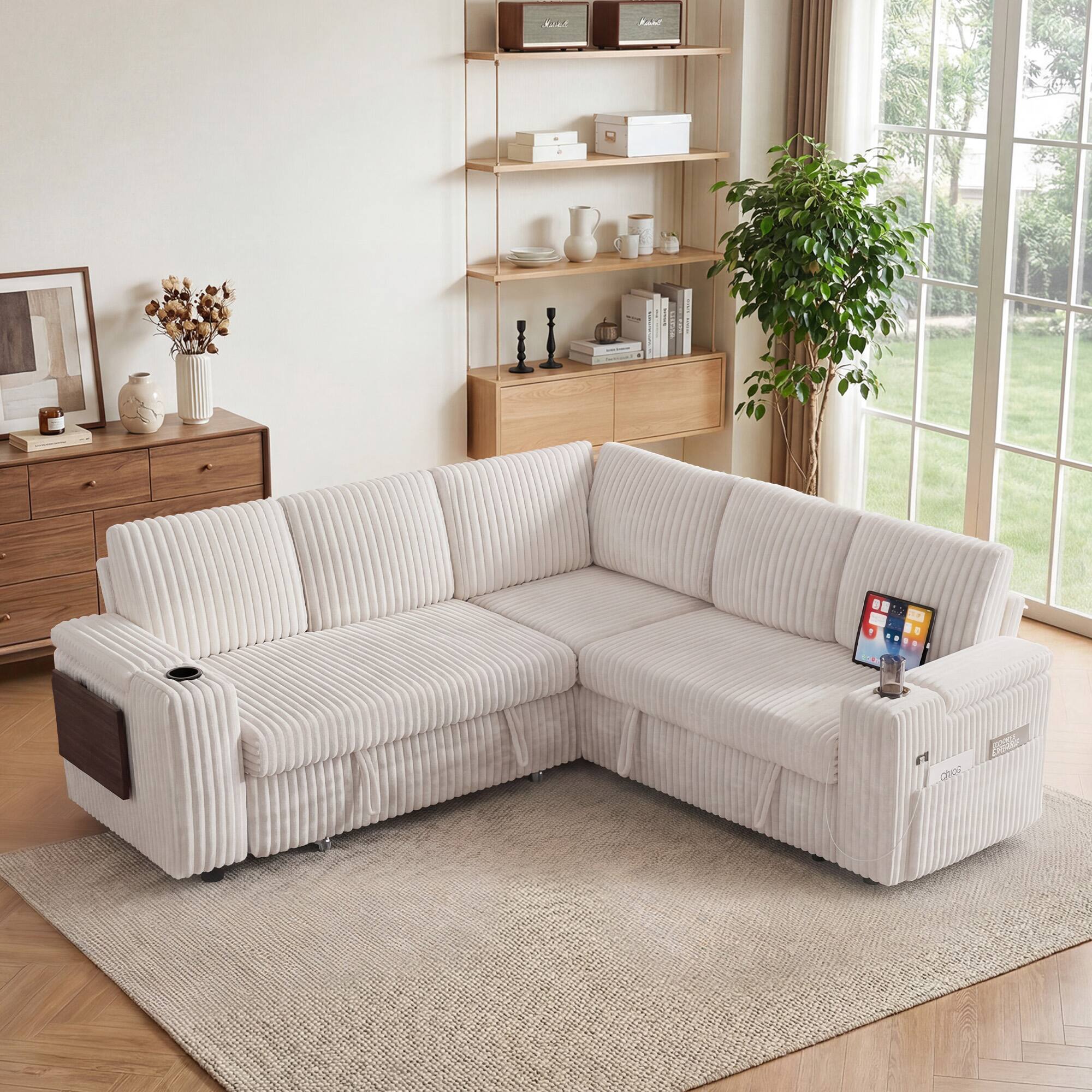 Angle. Dyonery - 85" Corduroy Sectional Sleeper Sofa with Pull Out Bed, 5-Seat Couch with Storage/USB Ports/Cup Holders/Side Table - Beige.