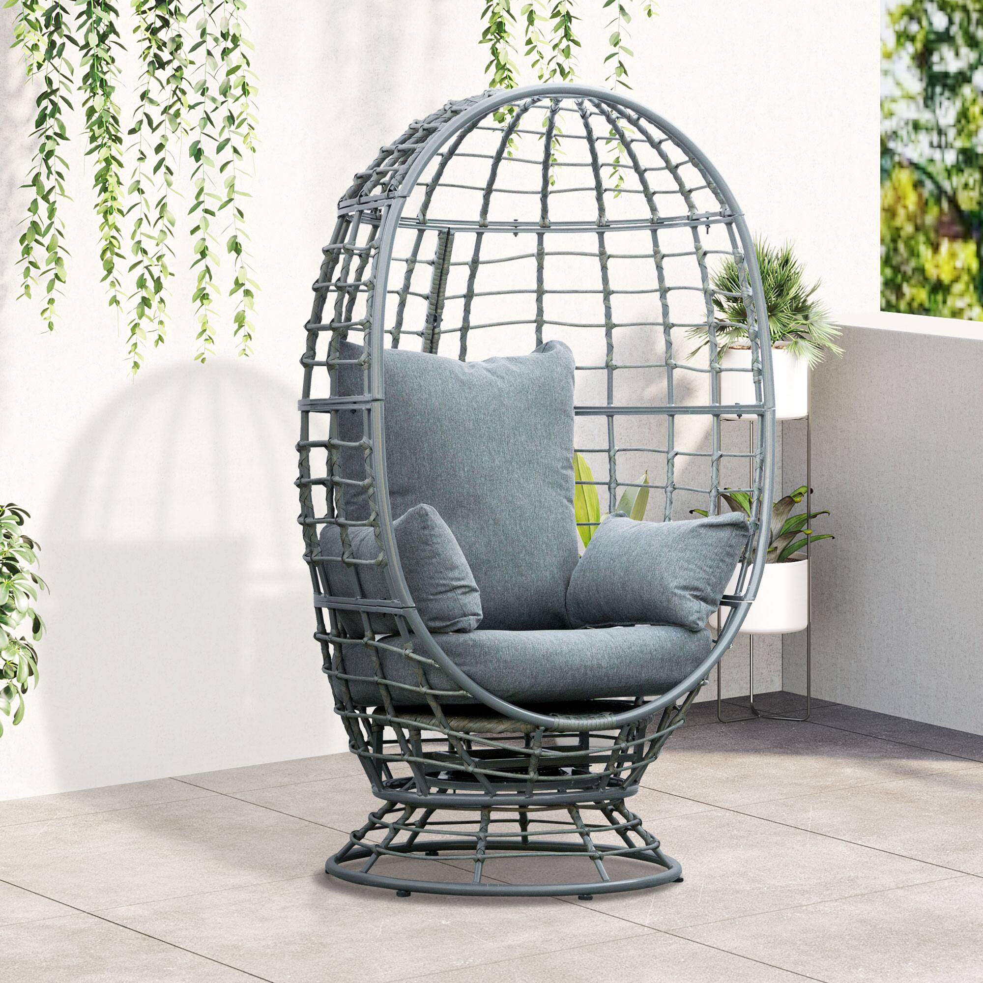 Alt View 1. Outsunny - Wicker Egg Chair, 360 Rotating Indoor Outdoor Boho Basket Seat with Cushion and Pillows for Backyard, Porch, Patio - Gray.