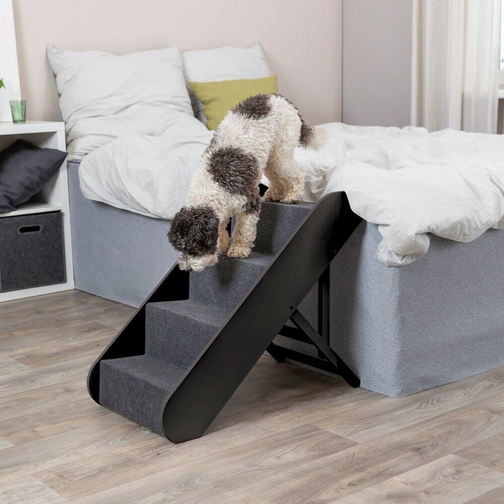 Angle. TRIXIE - 4-Step Wooden Pet Stairs with Adjustable Height and Carpet Treads - Espresso Brown.