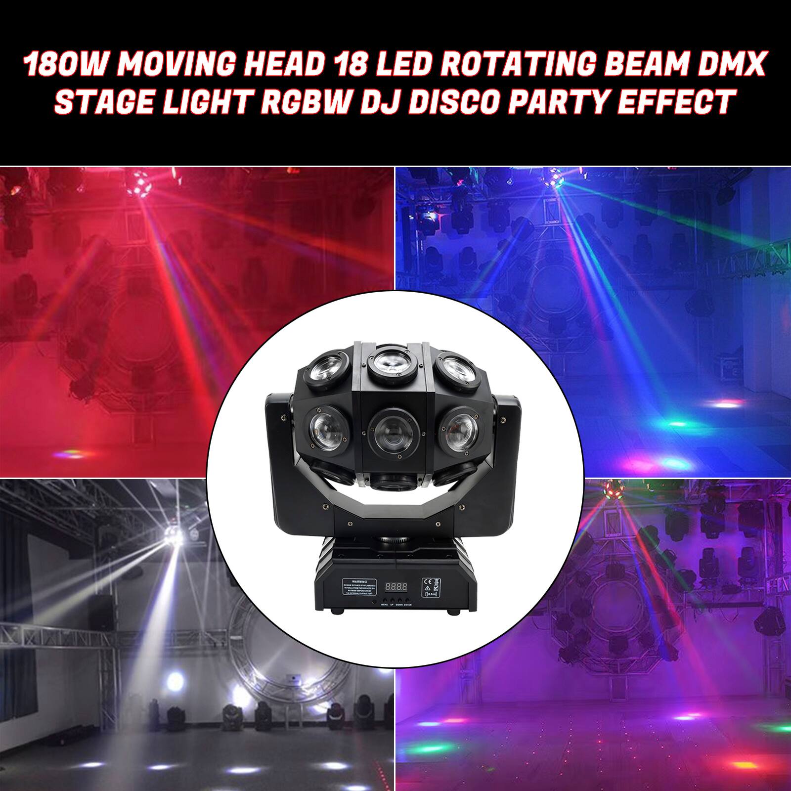 180W MOVING HEAD 18 LED ROTATING BEAM DMX STAGE LIGHT RGBW DJ DISCO PARTY EFFECT