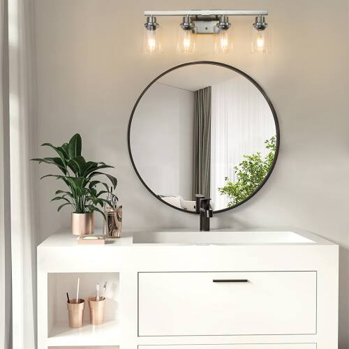 Back. LUCKY ONE - 24in Wall Mount Vanity Light, 4-Light Brushed Nickel Sconce with Clear Glass Shades - Chrome.