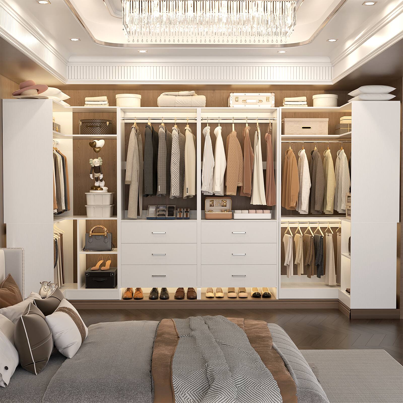 Alt View 3. Aheaplus - U-Shaped Closet Organizer System with 6 Drawers, 112.5" Walk-in Wardrobe System with Hanging Rods & Shelves, Set of 4 - White.