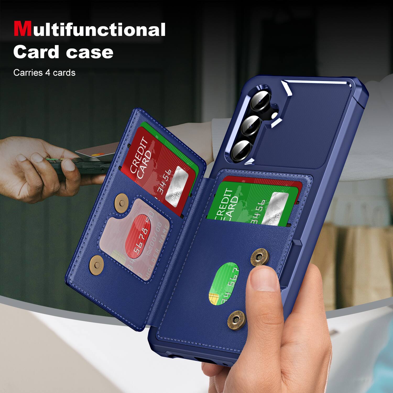 Multifunctional Card case  
Carries 4 cards  

CREDIT CARD  
3456 7890 5678 78 00/00  
NAME 56 YALP DER 84 HOL  
HOLDER  

CREDIT CARD  
567 95hE 2P HE REDIT RDS