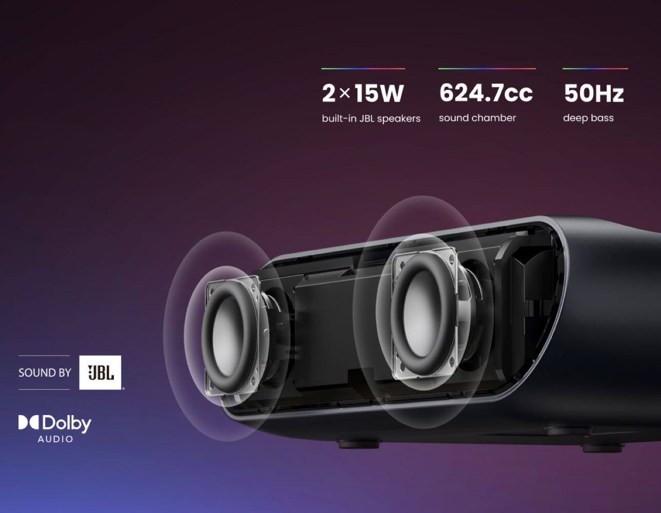 The text on the image reads:

"2 X 15W 624.7cc 50Hz built-in JBL speakers sound chamber deep bass SOUND BY BL Dolby AUDIO"

This text describes the features of a speaker system, which includes two 15-watt speakers with a sound chamber for deep bass, built-in JBL speakers, and a 50Hz frequency response. The speaker system is also designed with Dolby Audio technology for enhanced sound quality.