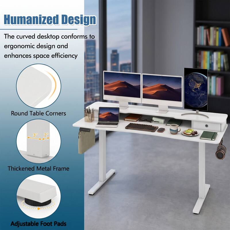 Humanized Design  
The curved desktop conforms to ergonomic design and enhances space efficiency  

Round Table Corners  
3" 2" Thickened Metal Frame  
Adjustable Foot Pads