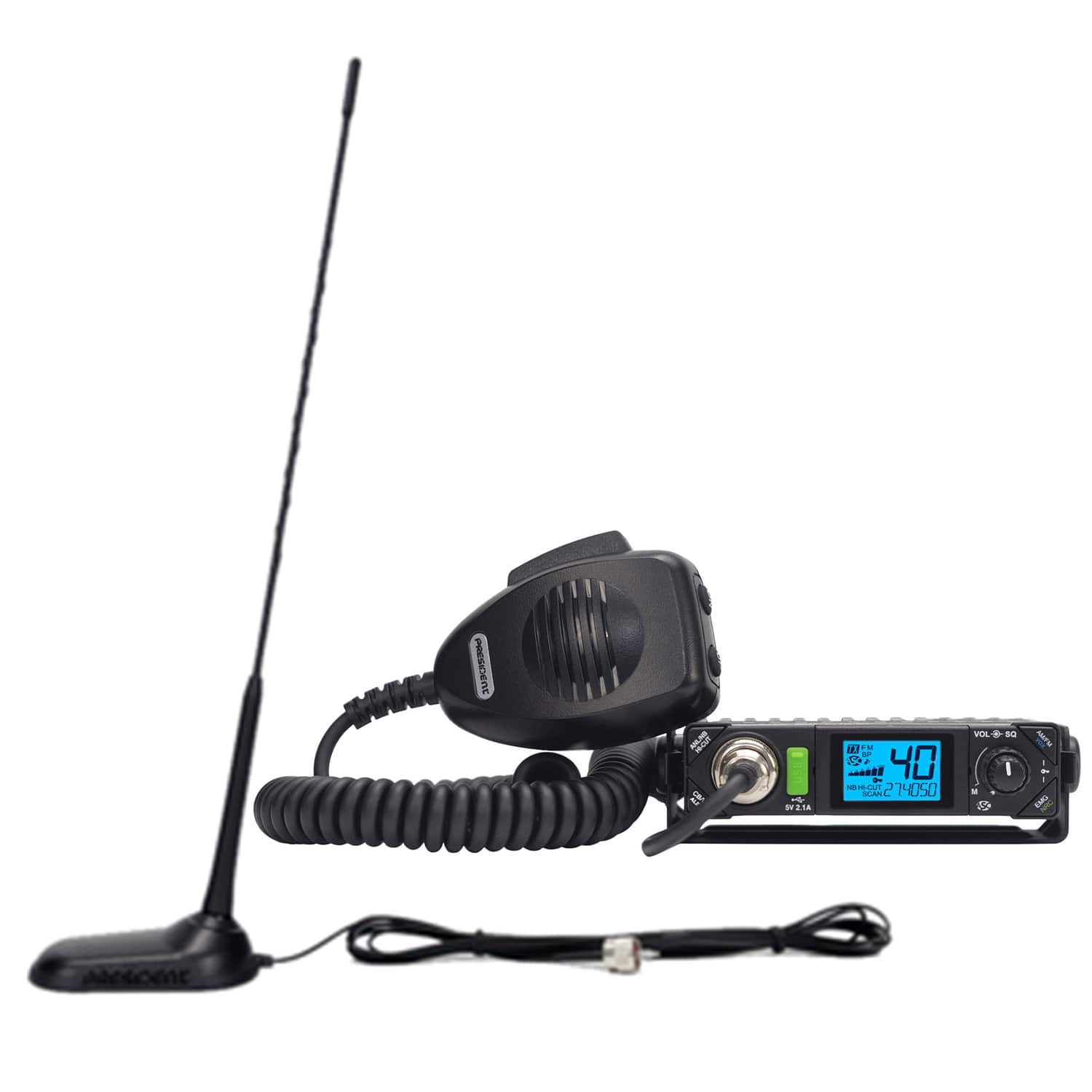 PRESIDENT - CB Radio Premium Compact Kit w/ BILL III FCC 40-Channel AM/FM/Alert CB Radio, P-Channels, Mic, Magnet-Mount Antenna - Black
