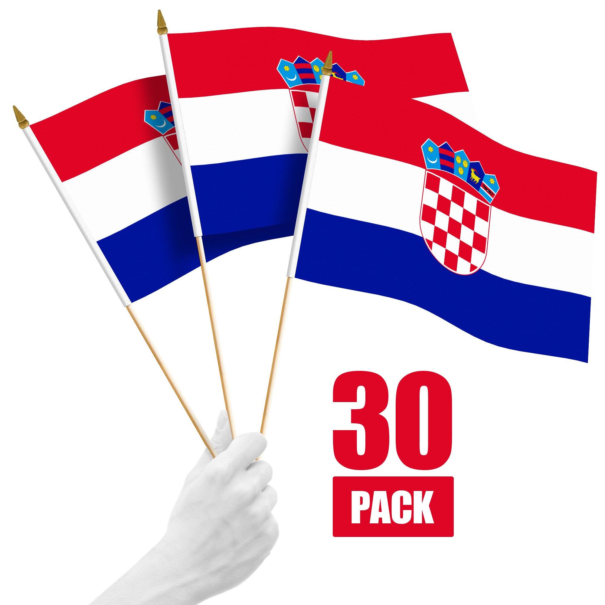Front. G128 - 30-Pack Handheld Croatia Stick Flags, 12 x 18 in, 150D Polyester with Wooden Pole and Gold Spear Tip. - Assorted Colors.