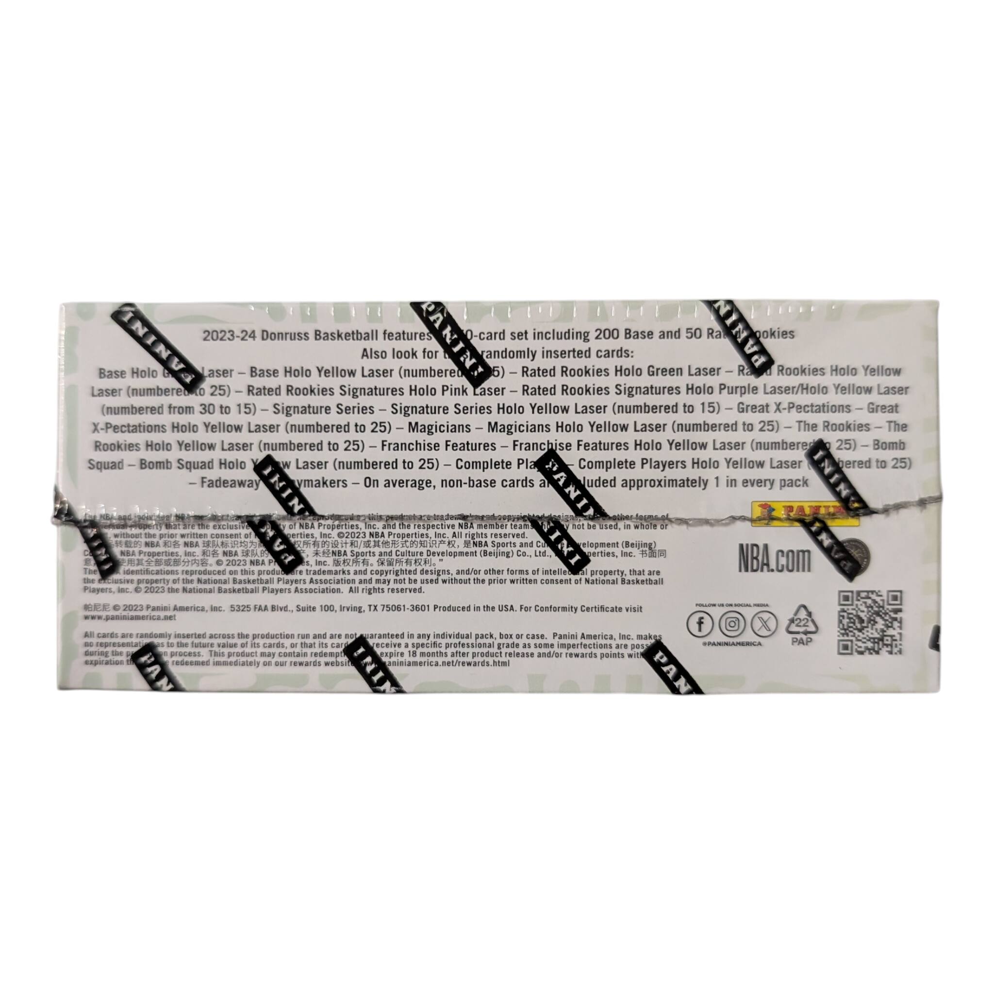 2023-24 Donruss Basketball features a 0-card set including 200 Base and 50 Rookies. Also look for randomly inserted cards:

- Base Holo Laser - Base Holo Yellow Laser (numbered to 25) - Rated Rookies Holo Green Laser - Rated Rookies Holo Yellow Laser (numbered from 30 to 15) - Rated Rookies Signatures Holo Pink Laser - Rated Rookies Signatures Holo Purple Laser/Holo Yellow Laser (numbered from 15) - Signature Series - Signature Series Holo Yellow Laser (numbered 15) - Great X-Pectations - Great X-Pectations Holo Yellow Laser (numbered 25) - Magicians - Magicians Holo Yellow Laser (numbered 25) - The Rookies - The Rookies Holo Yellow Laser (numbered 25) - Franchise Features - Franchise Features Holo Yellow Laser (numbered 25) - Bomb Squad - Bomb Squad Holo Yellow Laser (numbered 25) - Complete Players - Complete Players Holo Yellow Laser (numbered 25)

Fadeaway - On average, non-base cards are included