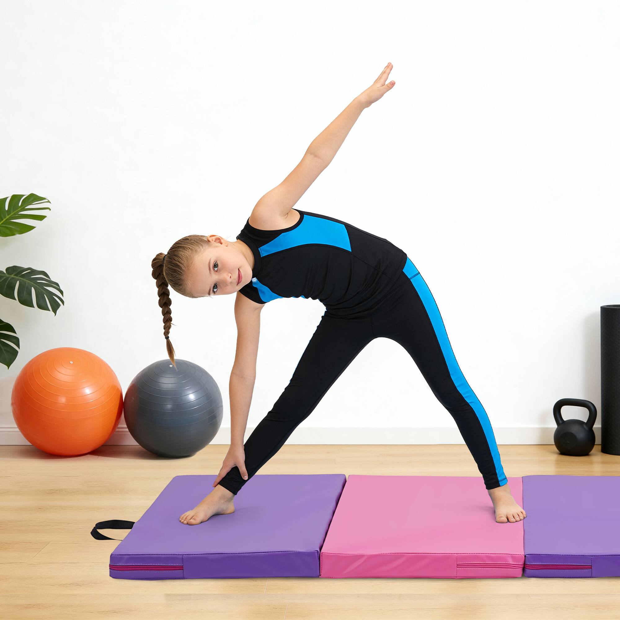 Angle. Ainfox - Ainfox 3'x6'x2'' 4-Panel Folding Gymnastics Mat, Exercise Gym Tumbling Yoga Mats for Home Aerobics Workout - Pink and Purple.
