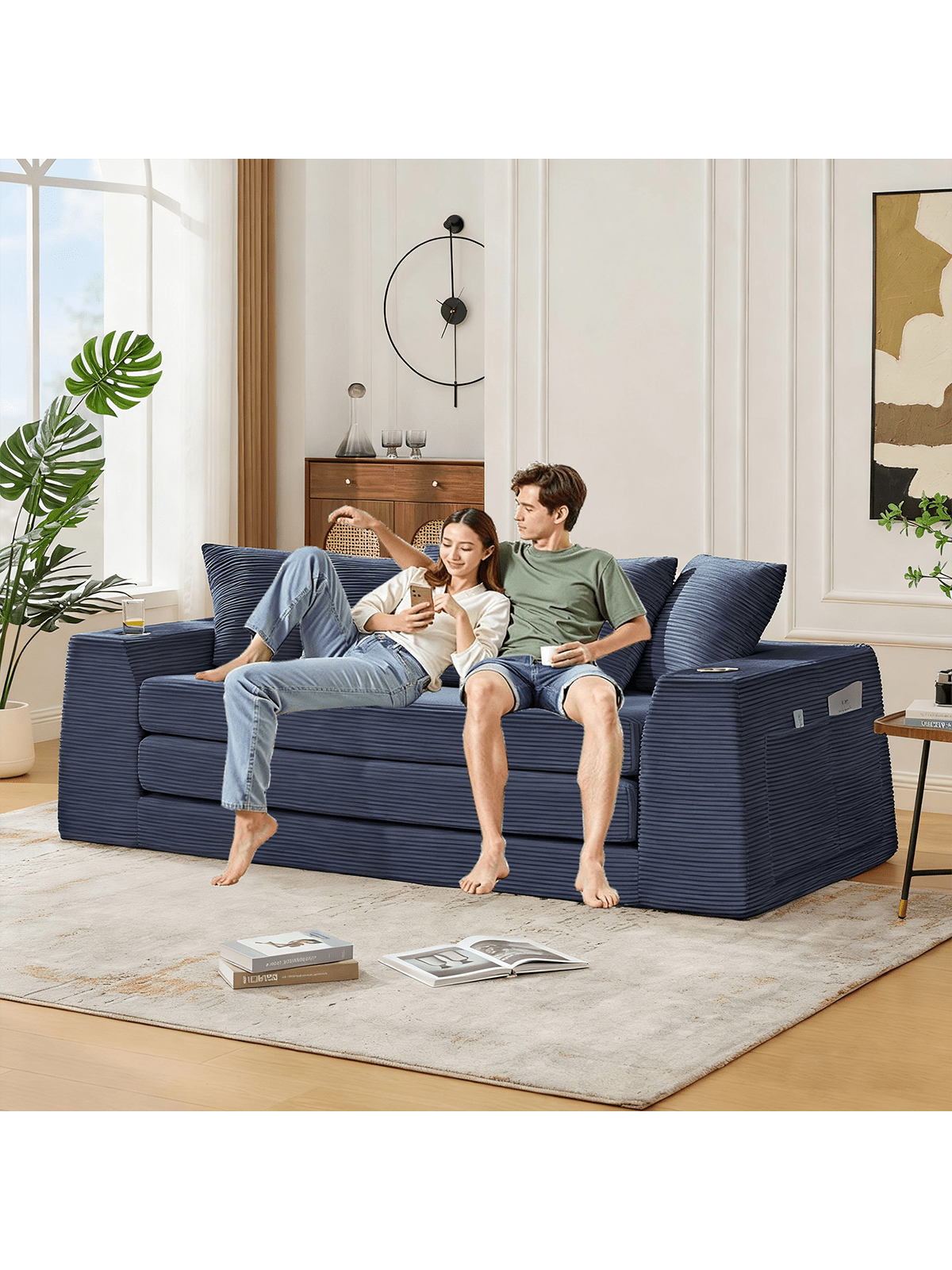 Left. Trinkets Crazed - 82.25" Convertible Sofa Bed, Loveseat Sleeper Sofa, 2 In 1 Sofa, Corduroy Pull Out Sofa Bed, 5 Pillows, Side Pocket - Blue.