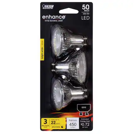 FEIT Electric
enhance
VIVID NATURAL LIGHT
50 WATT
replacement uses 6W LED
bright white 3000K
3 MR16 BULBS
GU10
dimmable
lasts up to 22 years
Brightness
450 lumens
Estimated Energy Cost
$0.72 per year