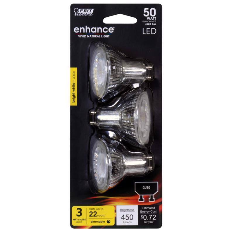 FEIT Electric  
enhance  
VIVID NATURAL LIGHT  

50 WATT  
replacement uses 6W LED  

bright white 3000K  

3 MR16 BULBS  
GU10  
dimmable  

lasts up to 22 years  

Brightness  
450 lumens  

Estimated Energy Cost  
$0.72 per year