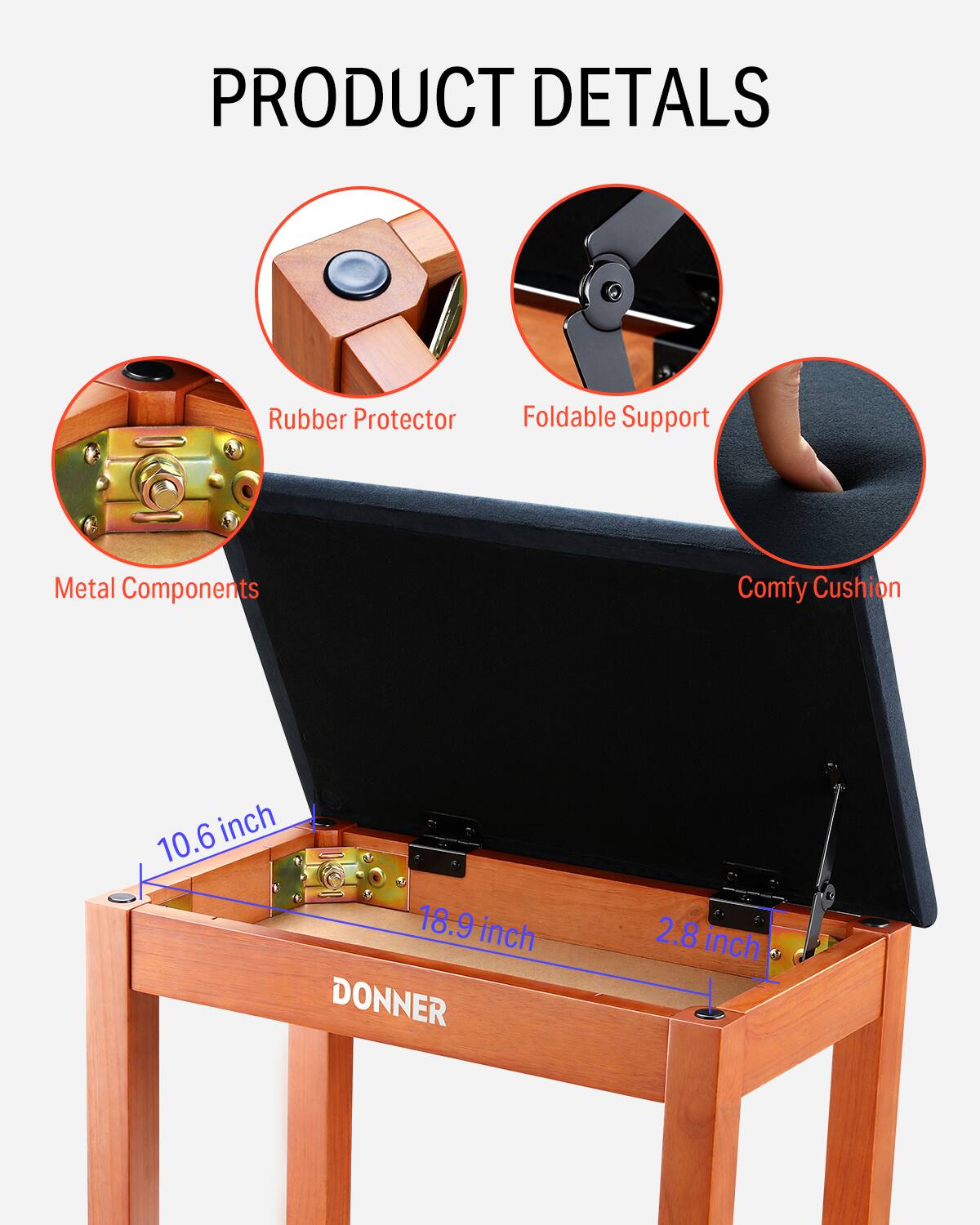PRODUCT DETALS, Rubber Protector, Foldable Support, Metal Components, Comfy Cushion, 10.6 inch, 18.9 inch, 2.8 inch, DONNER