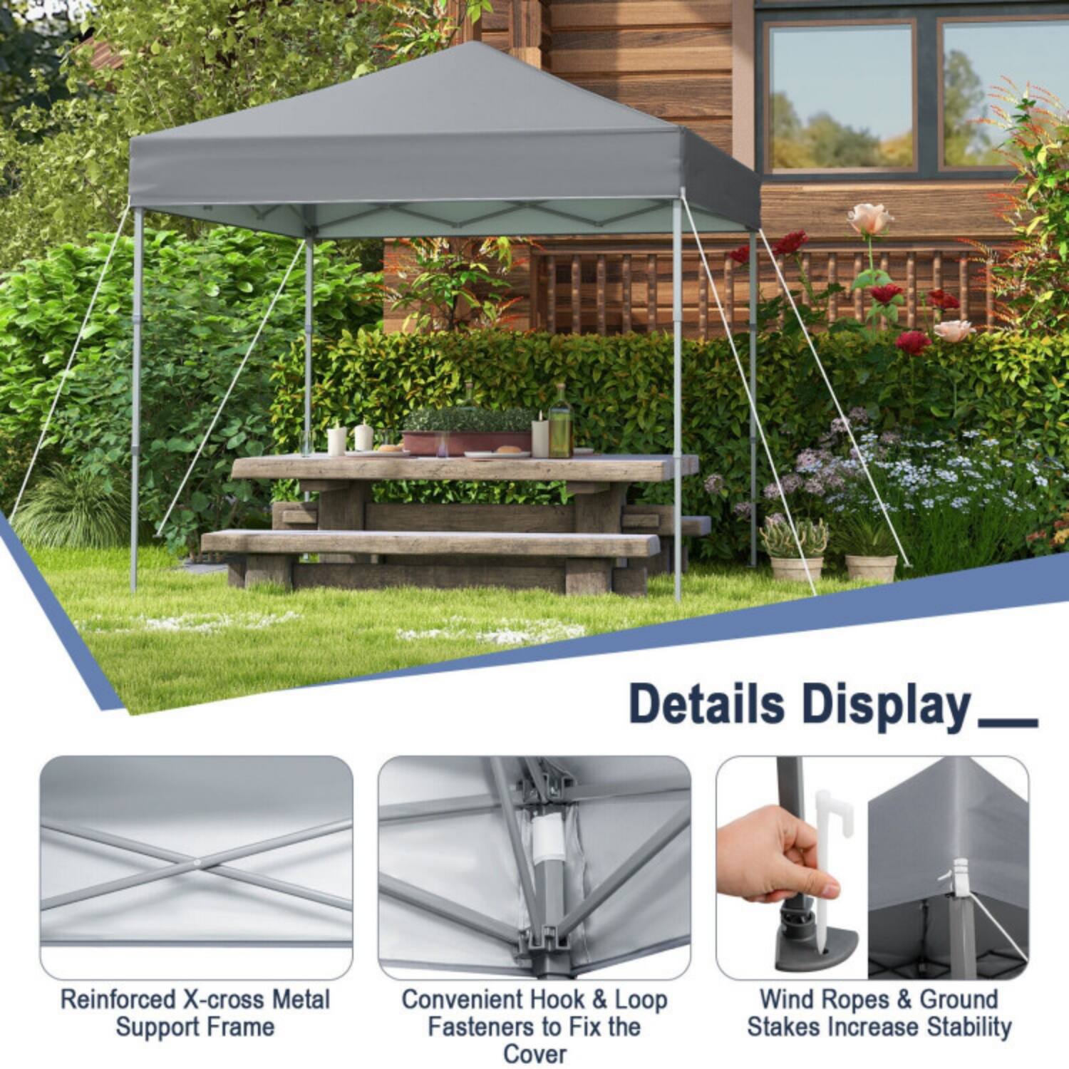 Details Display  
Reinforced X-cross Metal Support Frame  
Convenient Hook & Loop Fasteners to Fix the Cover  
Wind Ropes & Ground Stakes Increase Stability