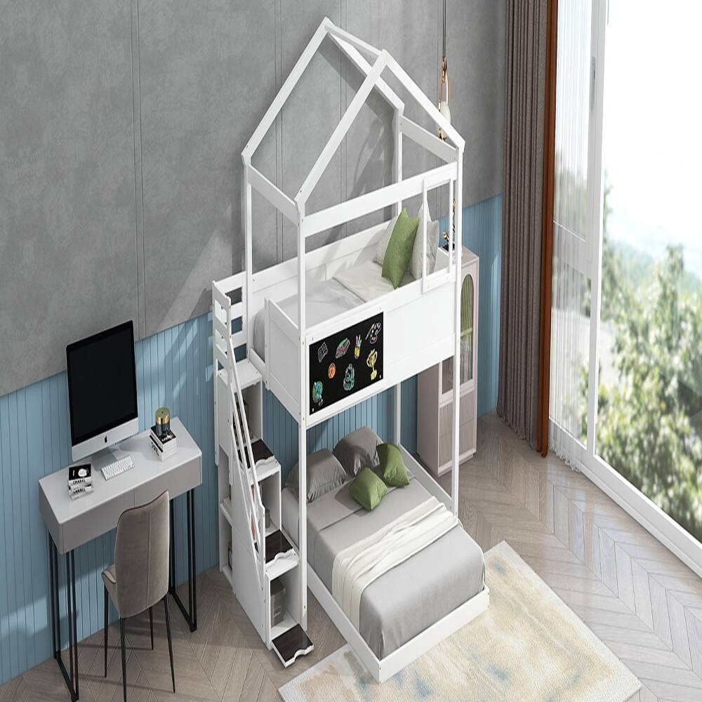 Back. Loheer - Loheer Twin Over Full House Bunk Bed with Storage Staircase and Blackboard White - White.