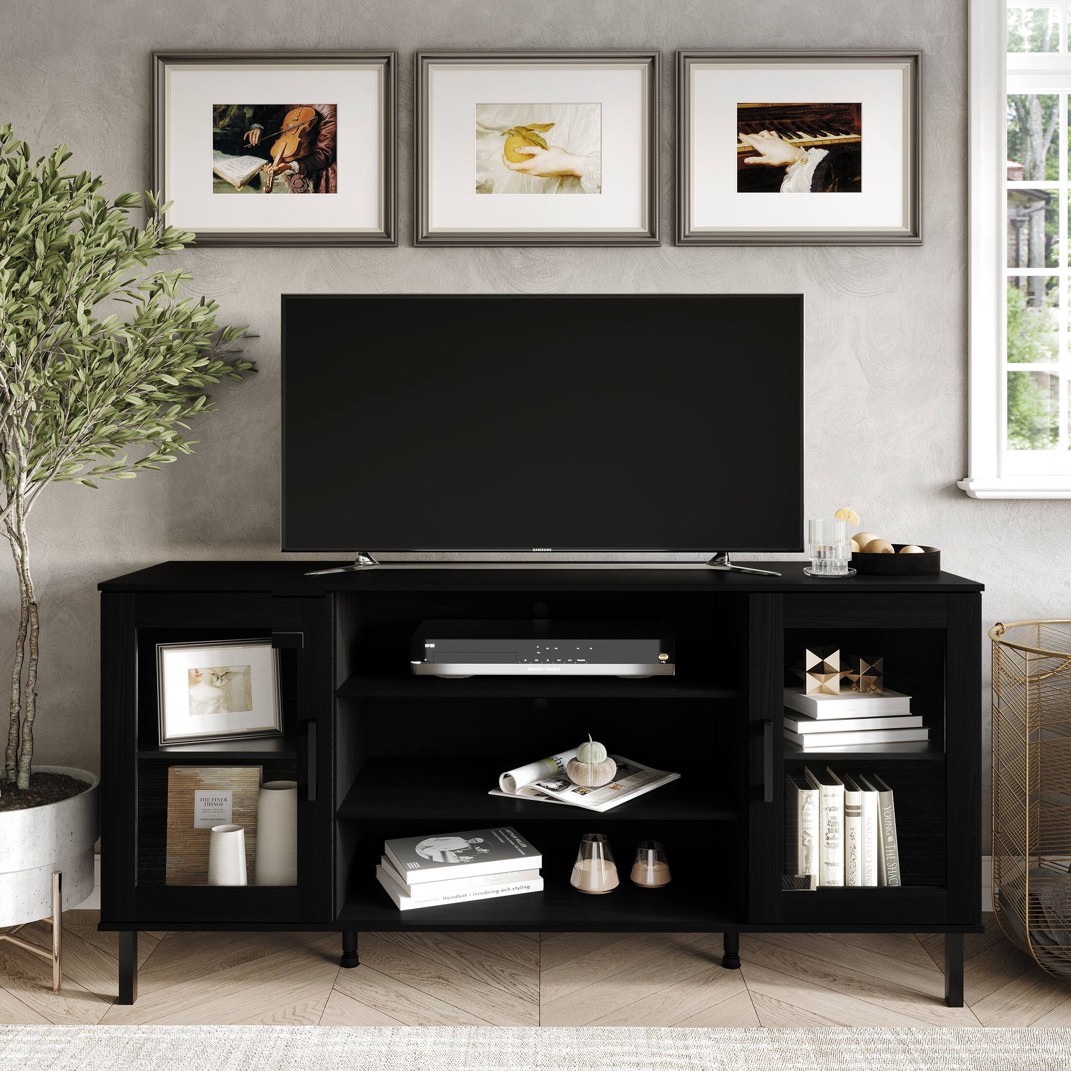 ChaletPosh - Rustic Farmhouse TV Console with Clear Acrylic Doors and Sleek Handles - Black