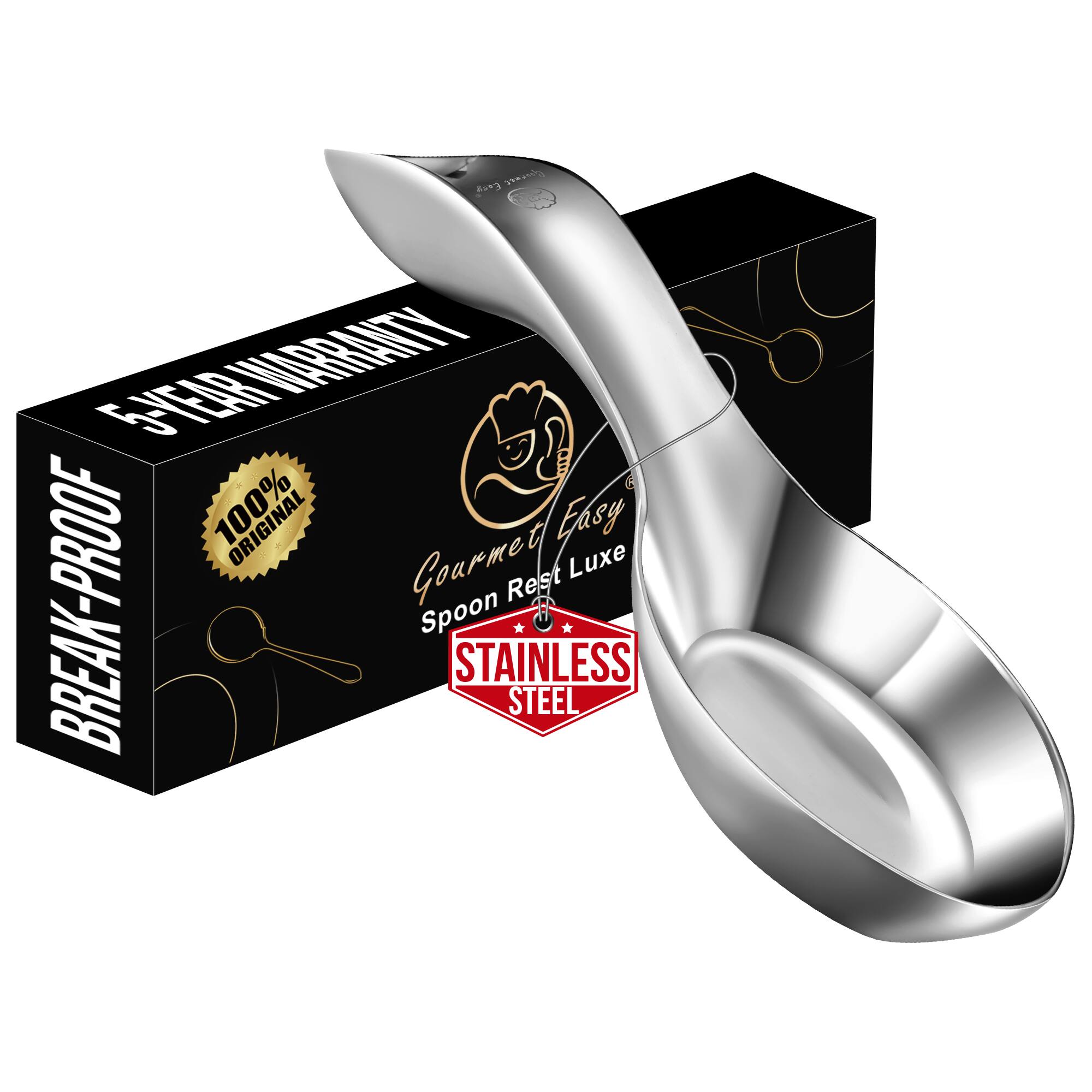 Front. Gourmet Easy - Break-Proof Kitchen Spoon Rest for Stove Top – Premium Stainless Steel Spoon Holder for Kitchen Counter – Heavy-Duty.