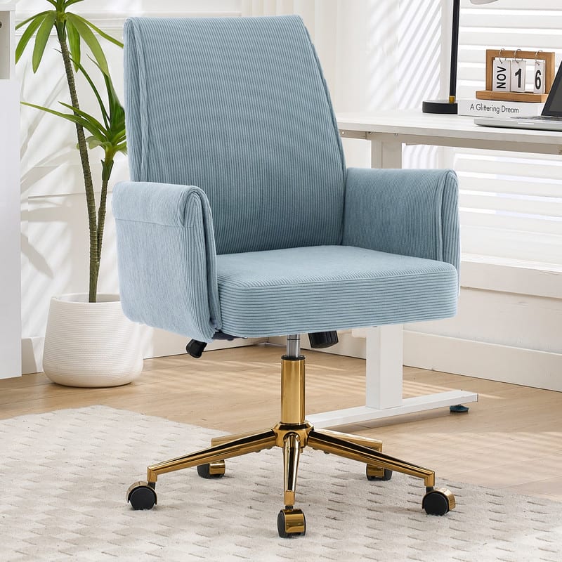 HTUTWOO - Ergonomic Mid-Back Liftable Office Chair, Golden Metal Base, Memory Foam Cushion | for Home Office, Study, Work - Blue