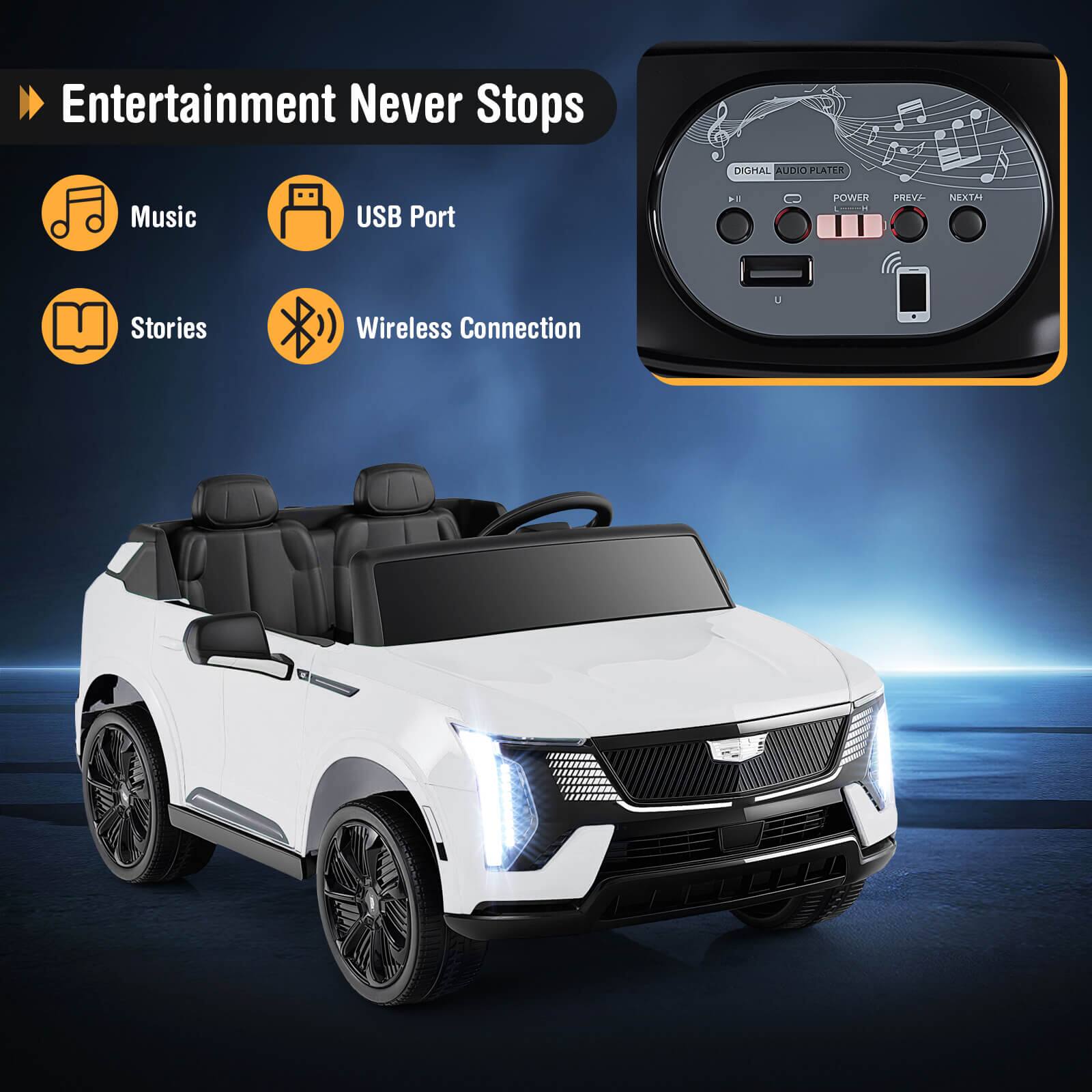 Entertainment Never Stops

- Music
- USB Port
- Stories
- Wireless Connection

DIGITAL AUDIO PLAYER
POWER PREV NEXT