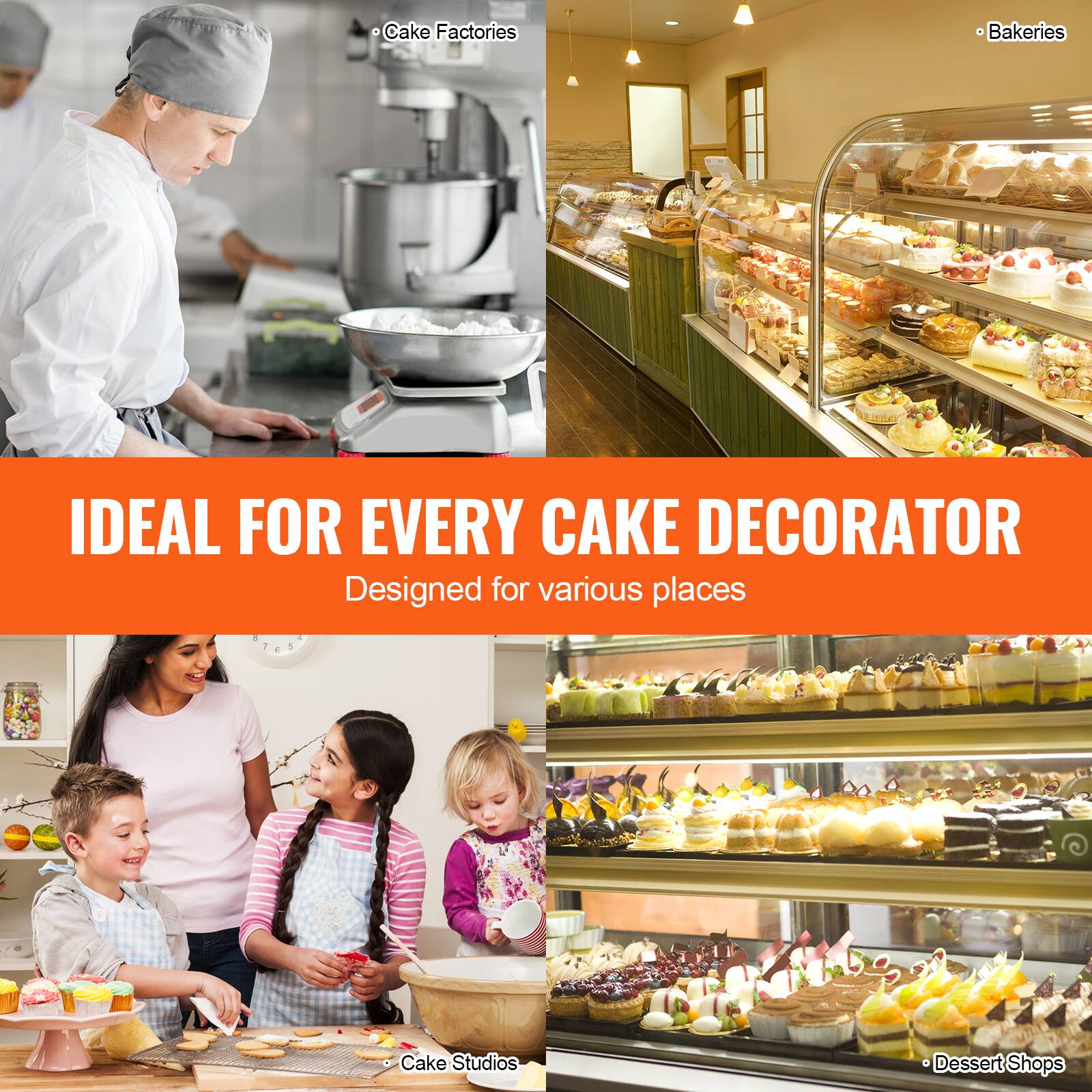 IDEAL FOR EVERY CAKE DECORATOR  
Designed for various places  

- Cake Factories  
- Bakeries  
- Cake Studios  
- Dessert Shops