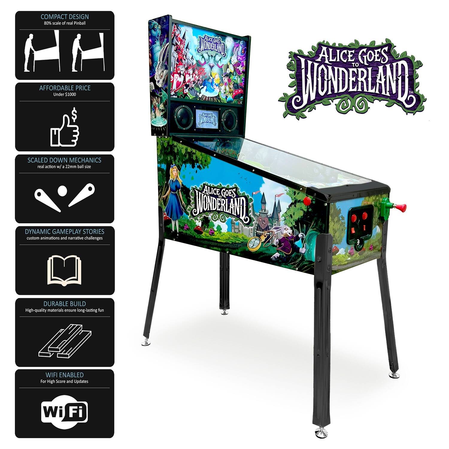 COMPACT DESIGN  
80% scale of real Pinball  

AFFORDABLE PRICE  
Under $1000  

SCALED DOWN MECHANICS  
real action w/ a 22mm ball size  

DYNAMIC GAMEPLAY STORIES  
custom animations and narrative challenges  

DURABLE BUILD  
High-quality materials ensure long-lasting fun  

WIFI ENABLED  
For High Score and Updates
