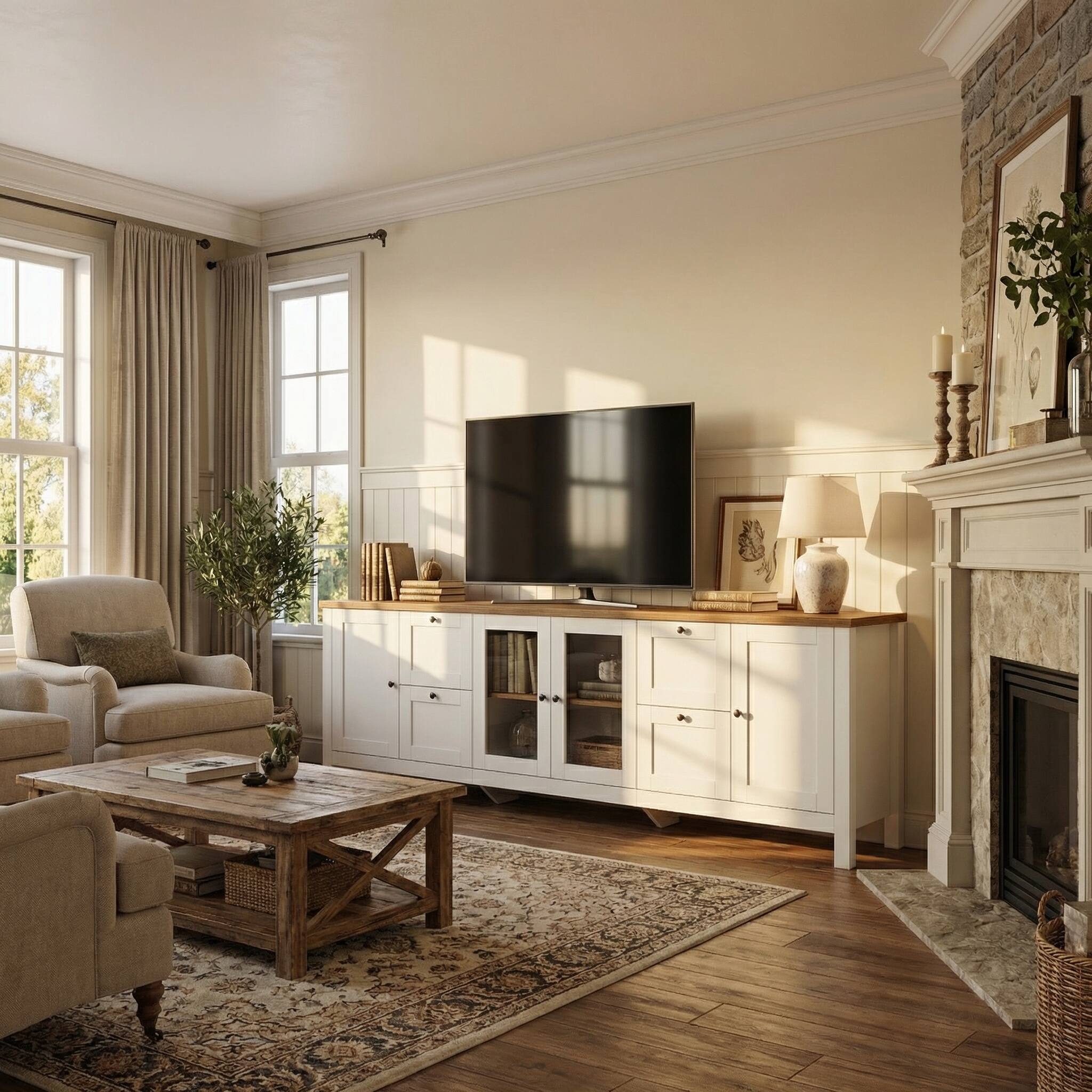 Angle. Famapy - 90.6" Farmhouse TV Stand for 85 Inch TV, Glass Doors, Adjustable Shelves, 10-Compartment Storage - White & Wooden.